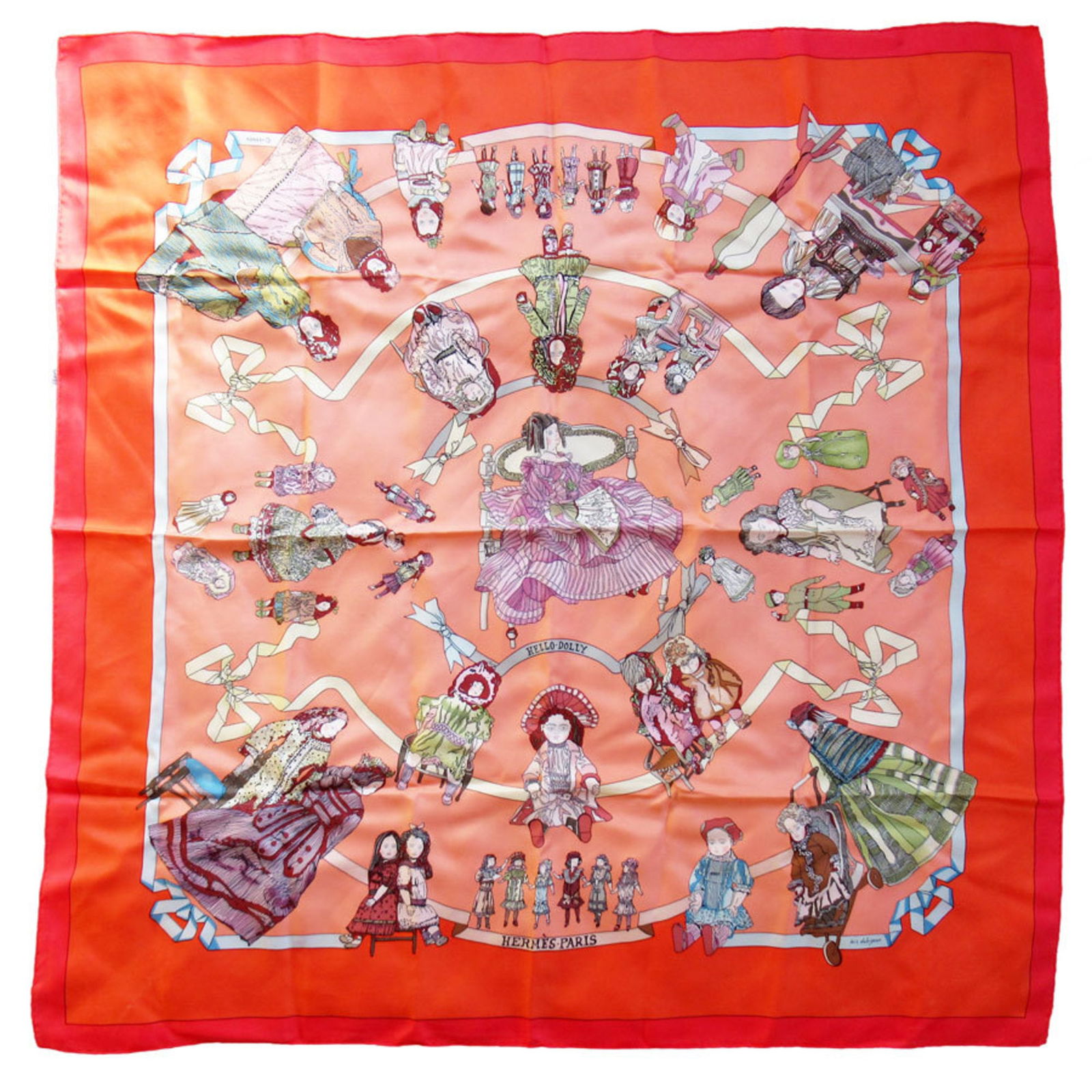Hermes Women's Silk Scarf 90cm Orange with Doll Design: Hermes Women's Silk Scarf 90cm Orange with Doll Design This elegant Hermes scarf is crafted from luxurious silk and features a vibrant orange hue. Adorned with a colorful illustration of dolls and clo