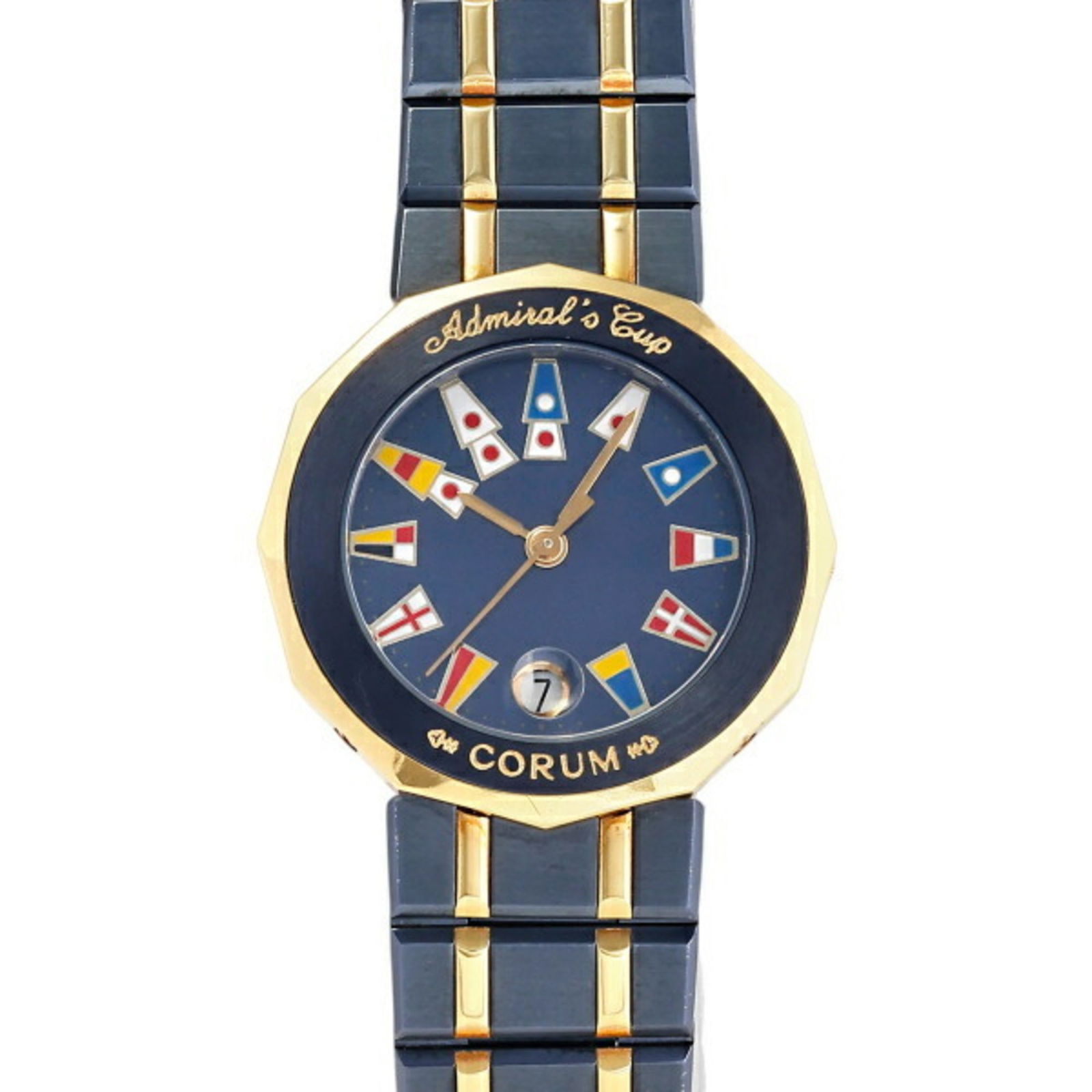 Corum Admiral's Cup Women's Watch 26mm Blue Dial PVD Gold Case: Corum Admiral's Cup Women's Watch 26mm Blue Dial PVD Gold Case This Corum Admiral's Cup women's wristwatch features a striking blue dial adorned with nautical flags, housed in an elegant octagonal cas