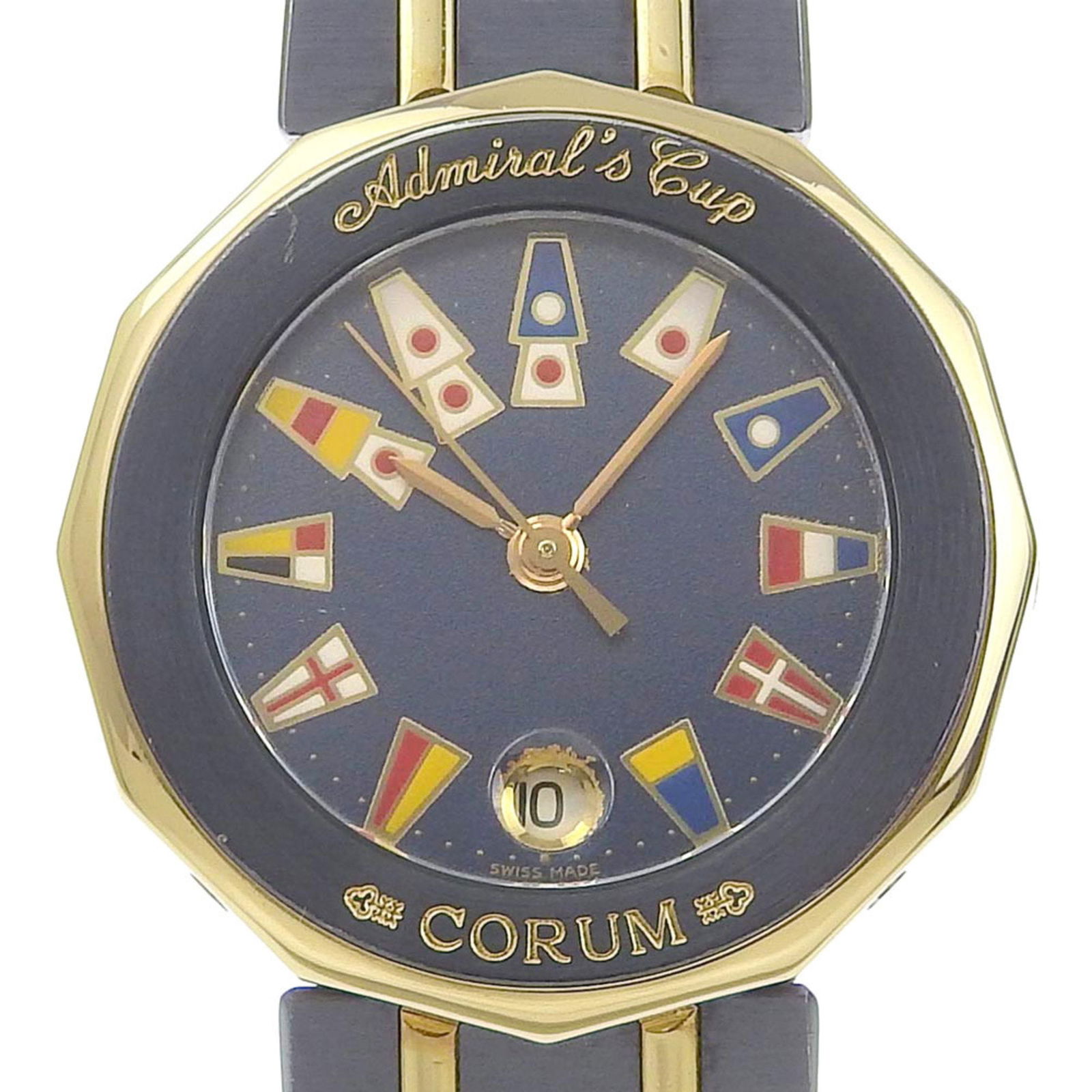 Corum Admiral's Cup Gold Navy Quartz Ladies Wristwatch: Corum Admiral's Cup Gold Navy Quartz Ladies Wristwatch This stylish Corum Admiral's Cup watch is designed for women, featuring a striking multi-colored dial embellished with nautical flags and elegant