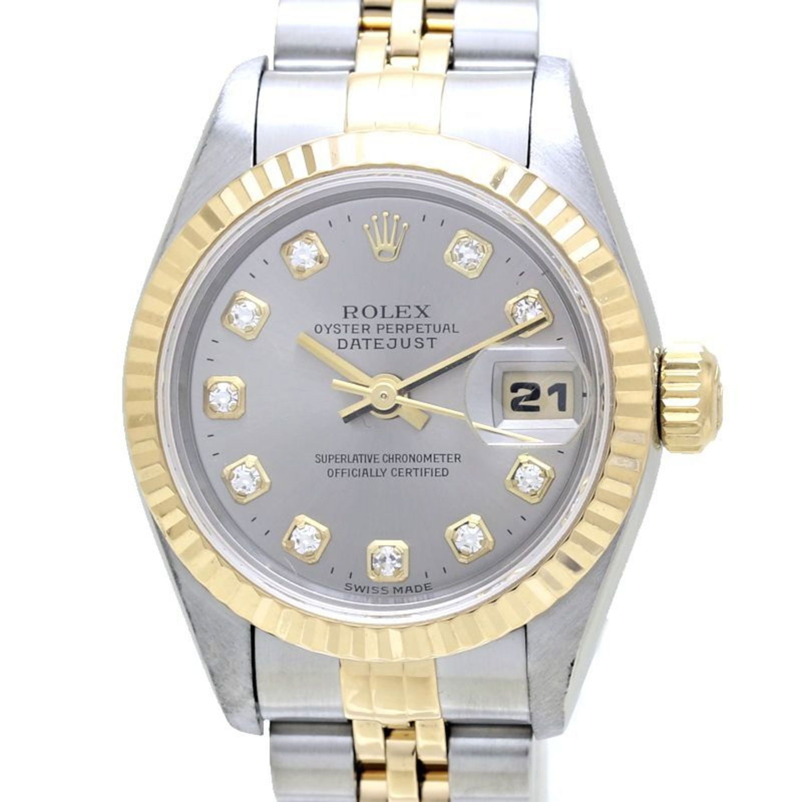 Rolex Datejust Stainless Steel Women's Wristwatch 26mm: Rolex Datejust Stainless Steel Women's Wristwatch 26mm This exquisite Rolex Datejust wristwatch is designed for women, featuring a stunning gray dial adorned with diamond hour markers. The watch is co