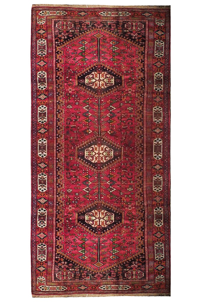 Rose Red Semi-Antique Persian Baluch Runner 4'8 x 9'2 Handcrafted Wool: Rose Red Semi-Antique Persian Baluch Runner 4'8 x 9'2 Handcrafted Wool Introducing the stunning Rose Red Semi-Antique Persian Baluch Runner, a beautiful addition to any decor. Handcrafted by skilled P