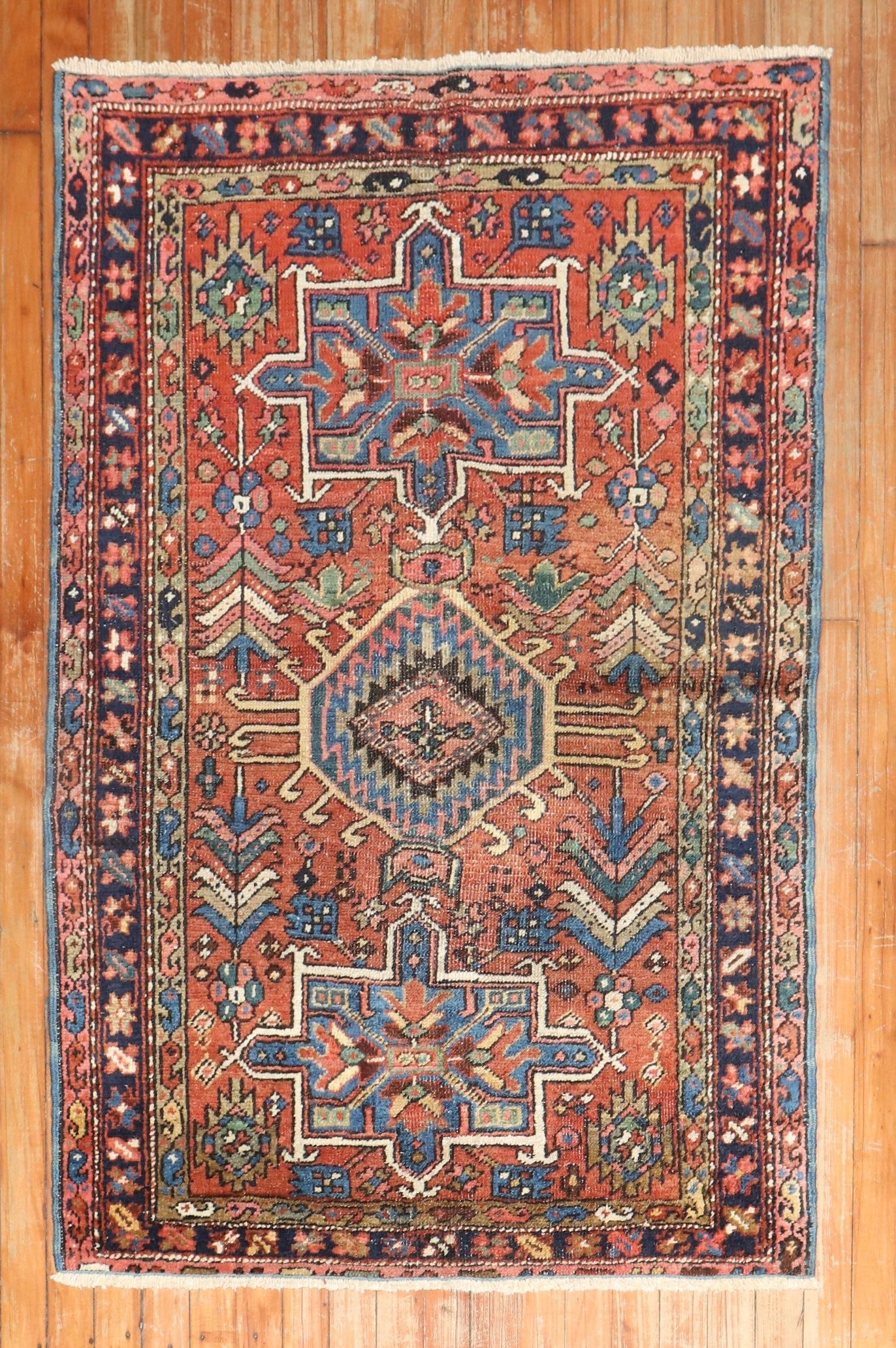 Rustic Persian Heriz 3' 1" x 4' 8": Rustic Persian Heriz 3' 1" x 4' 8" Rustic Heriz with lovely elements. Dimensions: 3' 1" x 4' 8" (94 x 142 cm). Type: Persian,Serapi/Heriz. Category: Small. Condition: Pre-Owned. Specifications Type: P