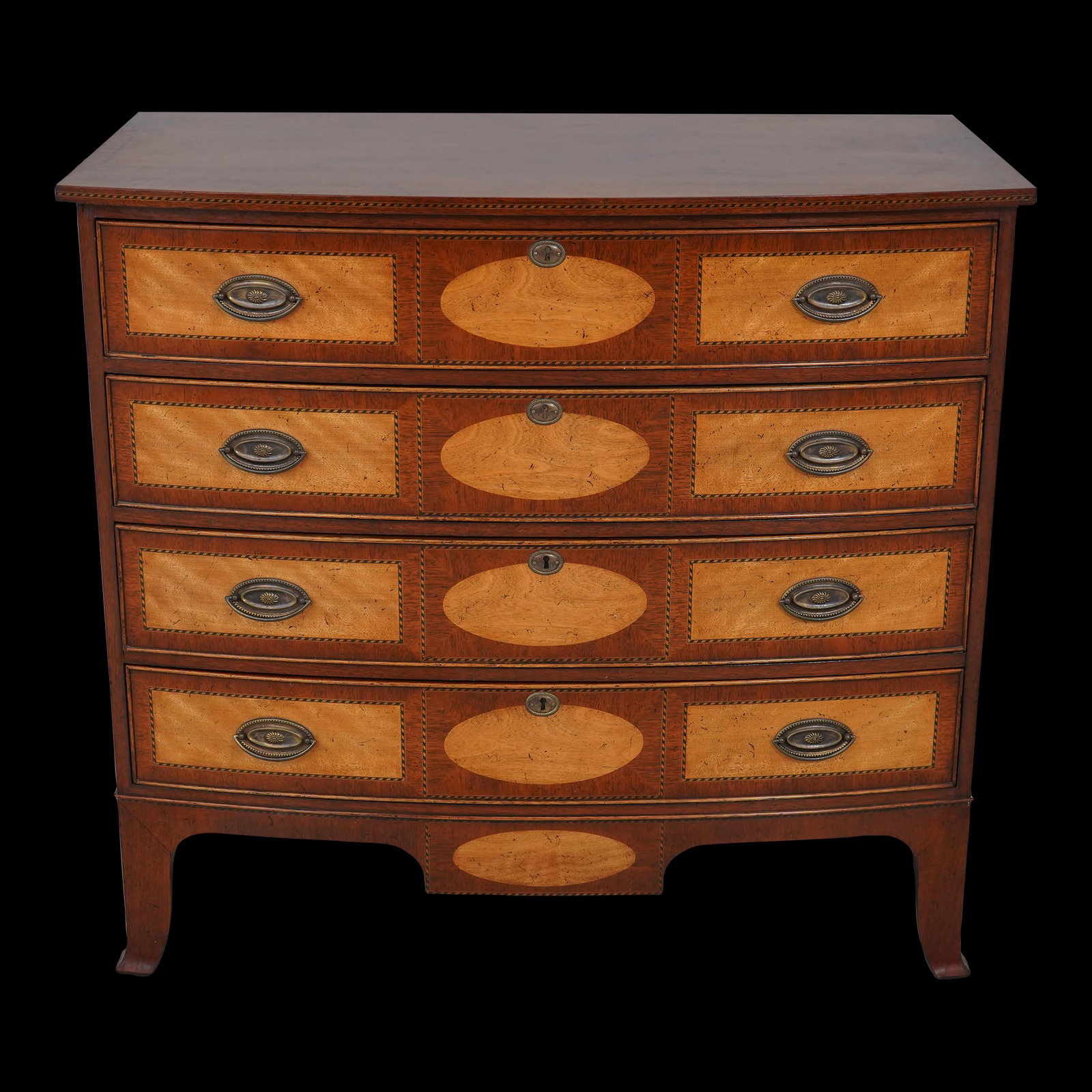 Elegant English Mahogany Bow Front Chest with 4 Drawers: Elegant English Mahogany Bow Front Chest with 4 Drawers This stunning English inlaid chest features a traditional bow front design, expertly crafted from high-quality mahogany. The piece showcases bea