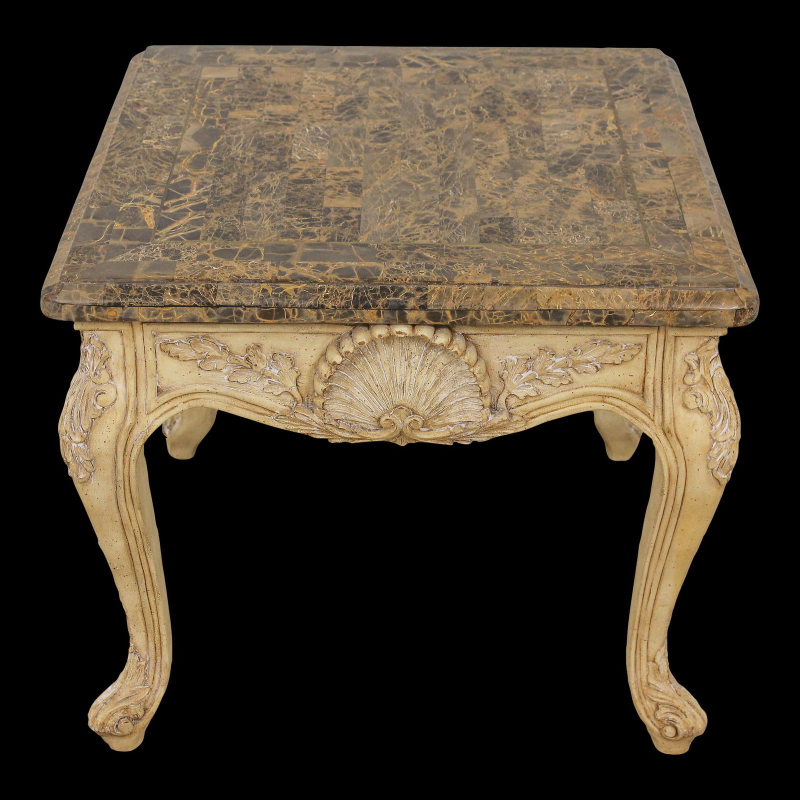 Antique Off White Distressed Finish Brass Inlay Marble Top Lamp Table: Antique Off White Distressed Finish Brass Inlay Marble Top Lamp Table This exquisite Maitland Smith Marble Top French Lamp Table features a stunning brass inlay on a marble overlay top, complemented b