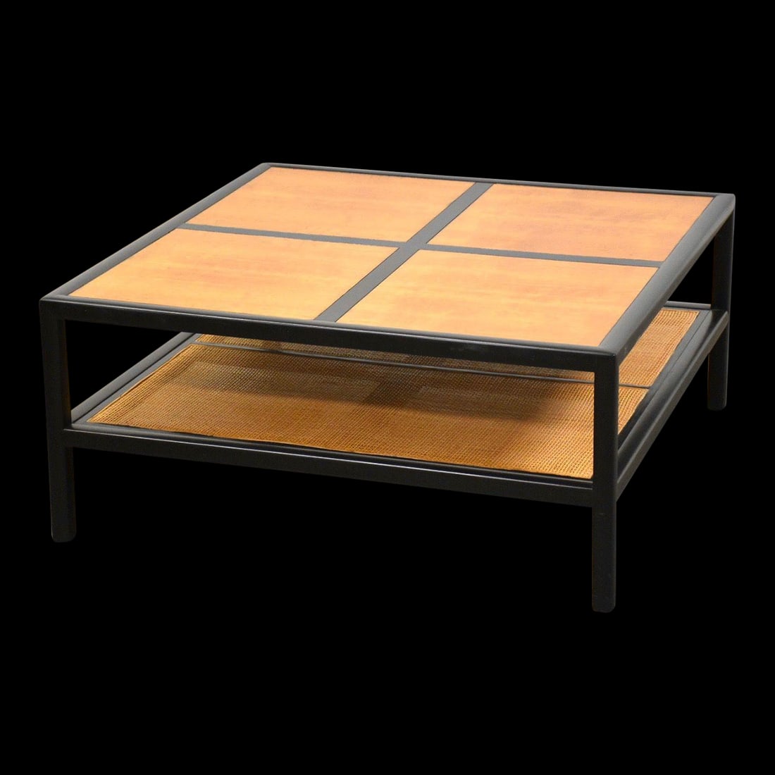 Mid Century Modern Teak Square Coffee Table with Black Frame: Mid Century Modern Teak Square Coffee Table with Black Frame A mid century modern teak square coffee table designed by Michael Taylor for Baker with a black frame. 36" square. 16" tall. Color: Black.