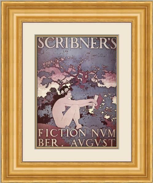Maxfield Parrish Scribner's Fiction Custom Framed Art Print 20" x 24": Maxfield Parrish Scribner's Fiction Custom Framed Art Print 20" x 24" This exquisite custom framed print by Maxfield Parrish, titled "Scribner's Fiction," showcases a stunning portrait of a seated nud