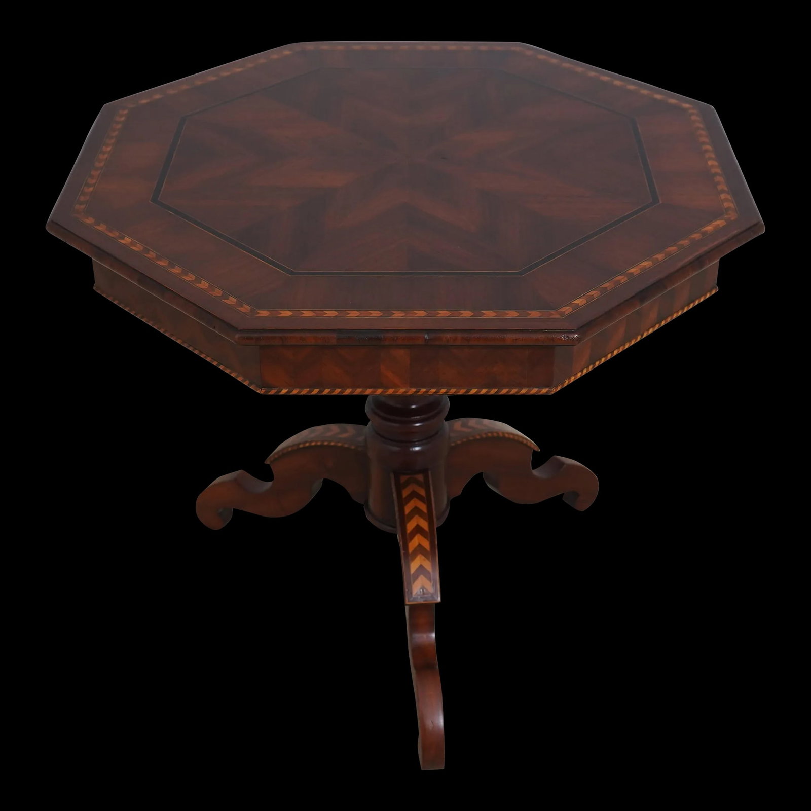 Alfonso Marina Brown Wood Inlaid Octagonal Lamp Table 31": Alfonso Marina Brown Wood Inlaid Octagonal Lamp Table 31" This Alfonso Marina Distressed Inlaid Continental Style Lamp Table features a beautiful octagonal top with intricate inlay work, showcasing hi