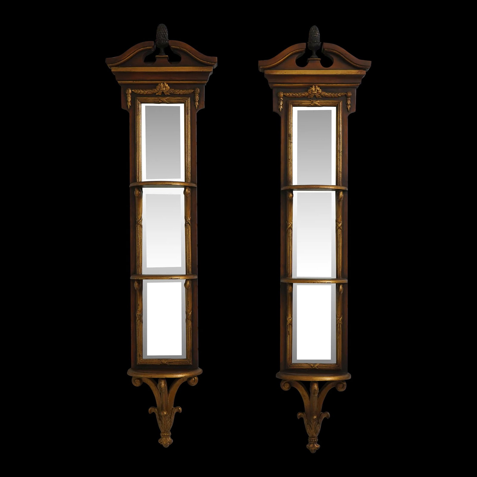 Pair Regency Style Mirrored Wall Shelves: Pair Regency Style Mirrored Wall Shelves Enhance your space with this stunning pair of Regency Style Mirrored Wall Shelves by Theodore Alexander. Crafted approximately 15 years ago, these shelves show