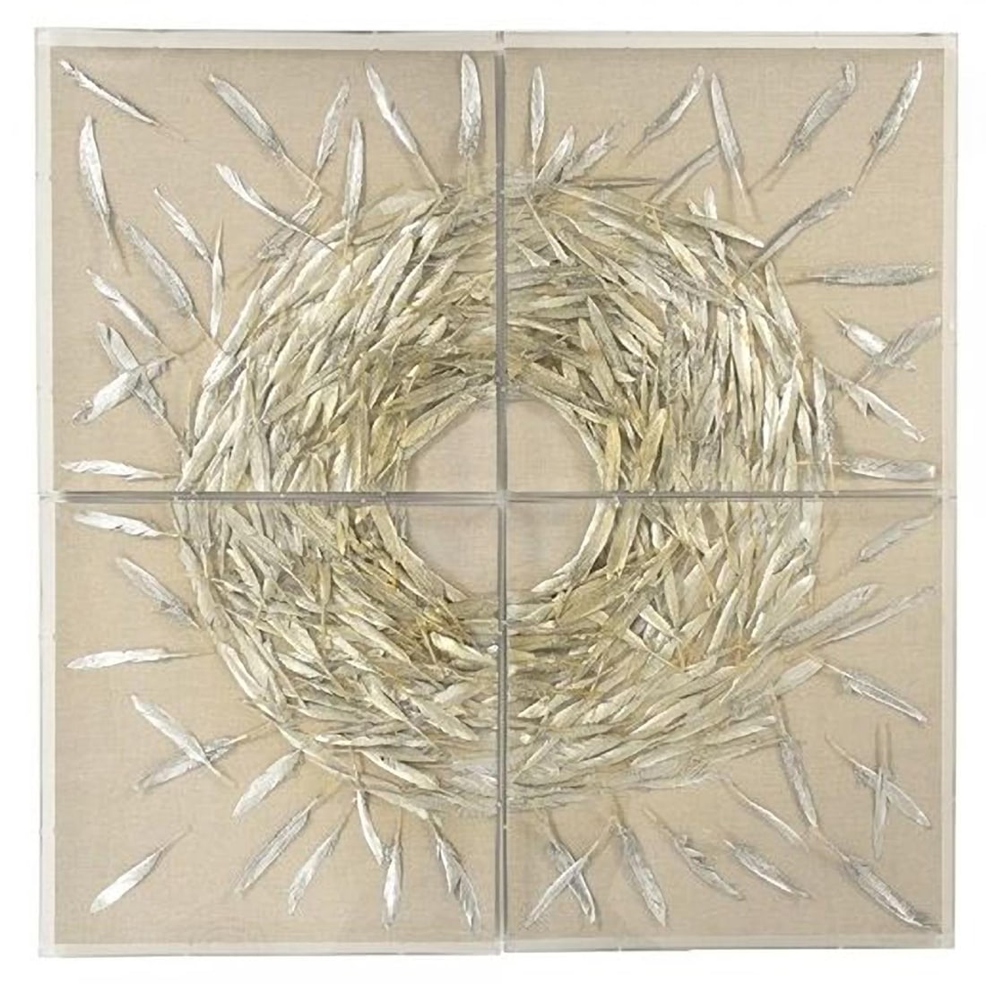 Elegant Abstract Feather Wall Art 15.75" Beige Frame: Elegant Abstract Feather Wall Art 15.75" Beige Frame This stunning abstract feather art piece features a unique circular arrangement of metallic leaves set against a neutral beige background. Perfect
