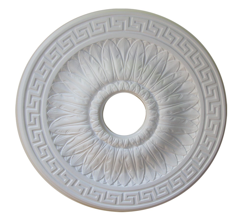 18" ROUND CEILING MEDALLION CLASSIC WHITE GREEK KEY: 18" ROUND CEILING MEDALLION CLASSIC WHITE GREEK KEY Enhance your space with this elegant 18" round ceiling medallion, featuring a classic white finish and a Greek Key design. This decorative piece is 
