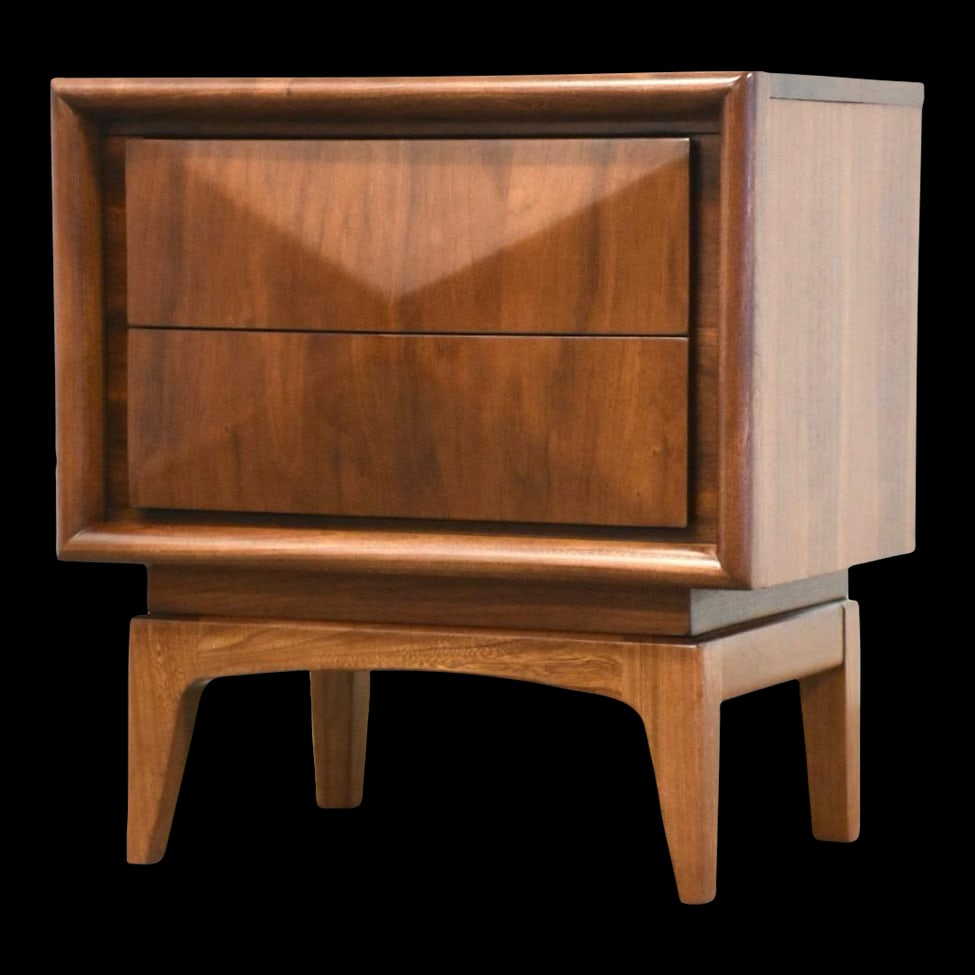 Mid-Century Modern Walnut Nightstand 2 Drawers 23x16x24.5: Mid-Century Modern Walnut Nightstand 2 Drawers 23x16x24.5 This mid-century modern walnut nightstand features a stylish diamond front design and two spacious drawers, perfect for bedside storage. It ha
