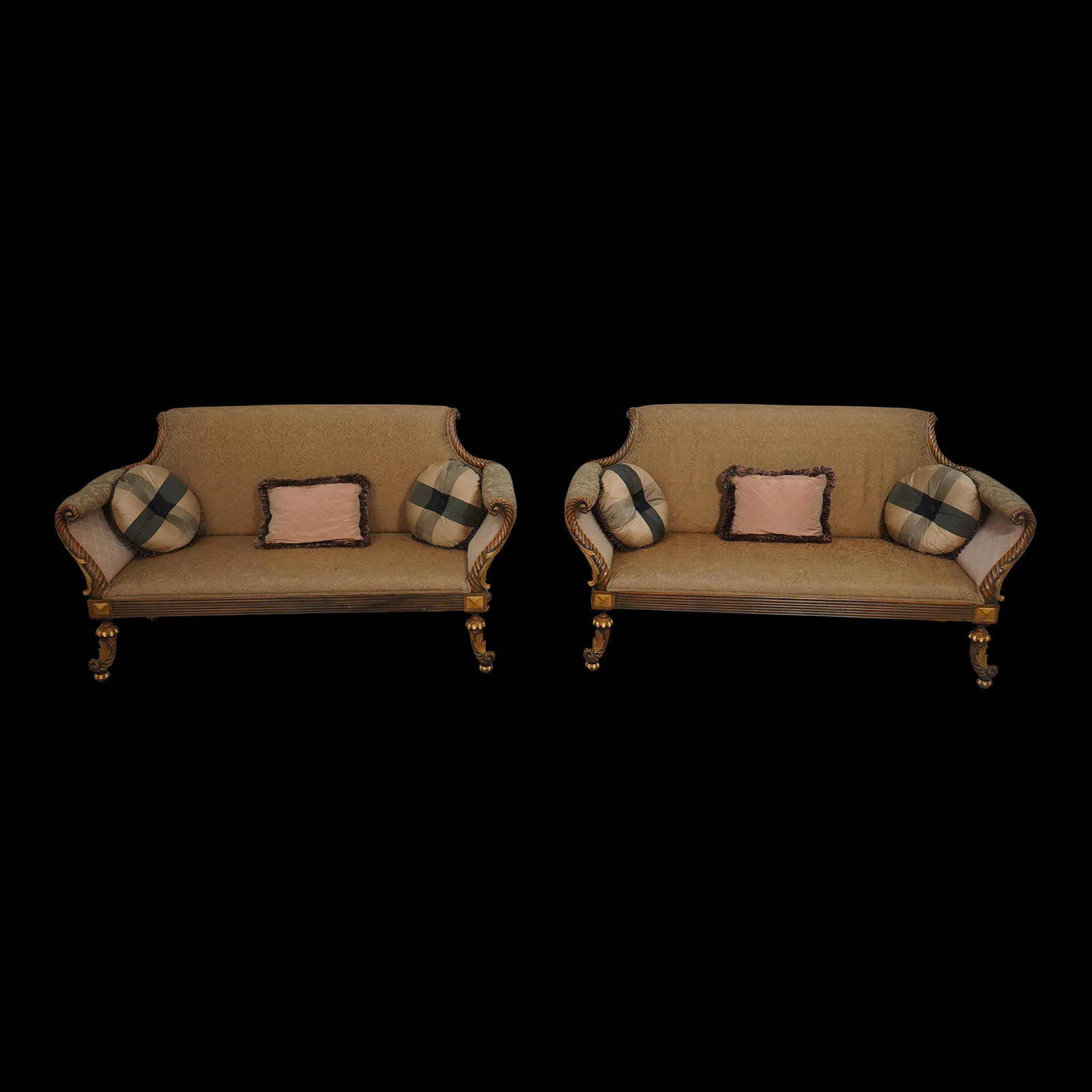 Elegant Pair of French Louis XVI Rope Twist Settees 68" Gold Upholstery: Elegant Pair of French Louis XVI Rope Twist Settees 68" Gold Upholstery This stunning pair of French Louis XVI Style Rope Twist Settees features exquisite carved details and subtle gold accents, showc