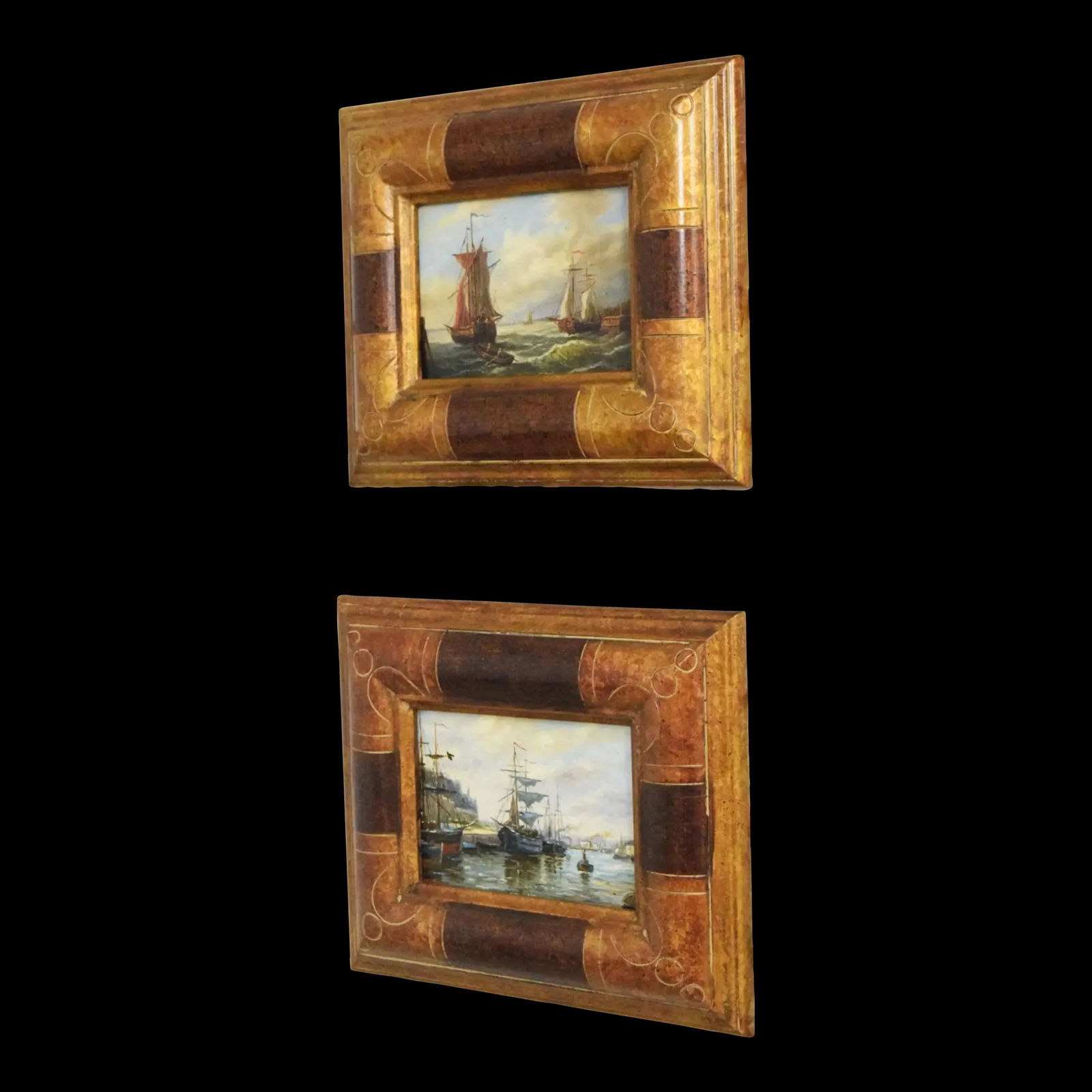 Pair of Tall Ship Framed Oil Paintings on Board: Pair of Tall Ship Framed Oil Paintings on Board This exquisite pair of tall ship framed oil paintings on board showcases vibrant colors and high-quality craftsmanship. Each painting is beautifully pre