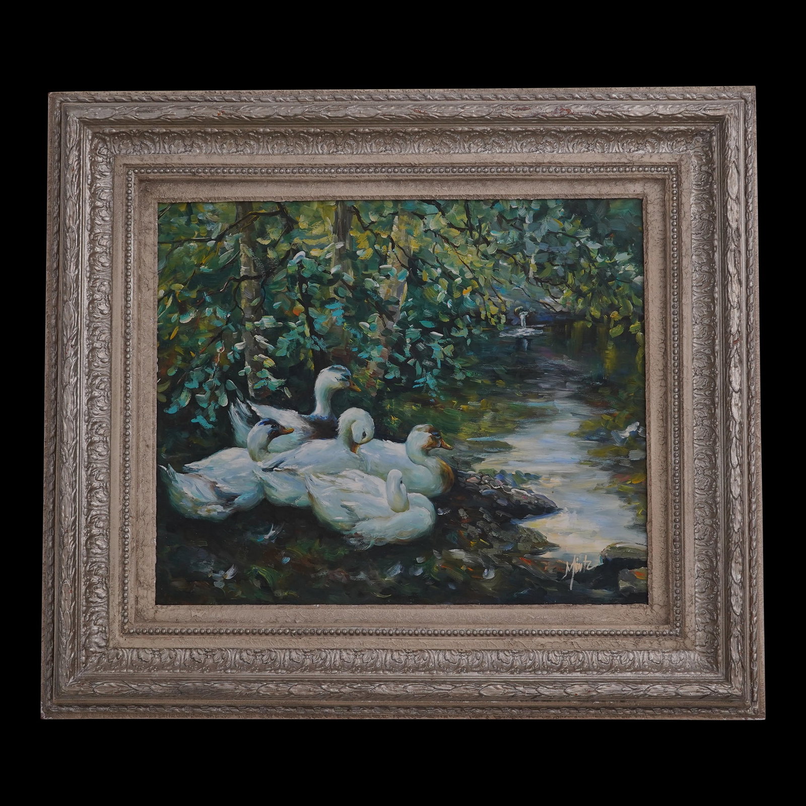 Mintz Impressionist Ducks Signed Oil Painting in Silver Frame: Mintz Impressionist Ducks Signed Oil Painting in Silver Frame This stunning oil painting features an Impressionist depiction of three white ducks resting by a serene pond, framed beautifully in an orn