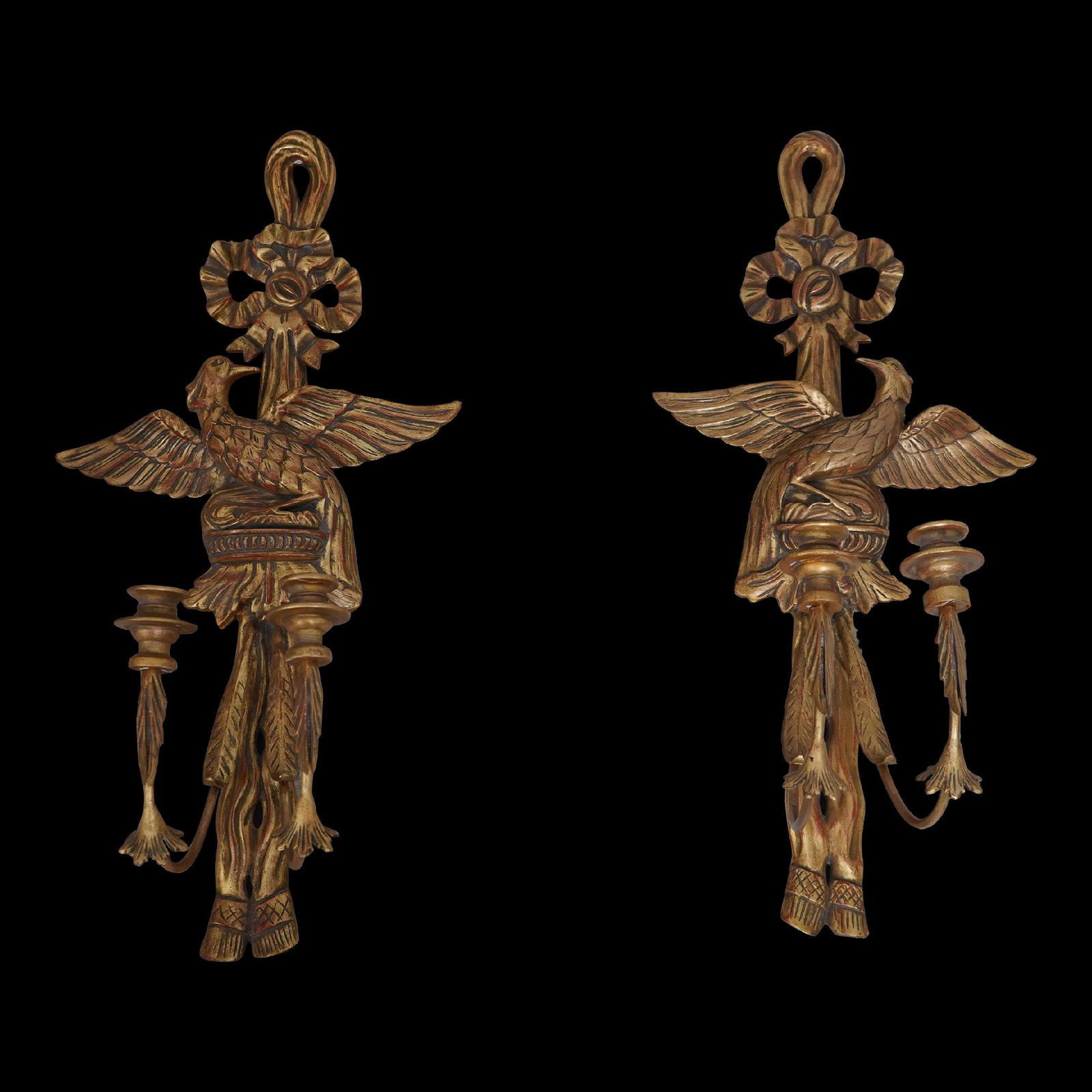 Pair Federal Style Gold Finish Candelabras: Pair Federal Style Gold Finish Candelabras This stunning pair of Federal Style candelabras features a beautiful gold finish and is constructed with quality craftsmanship. At approximately 25 years old