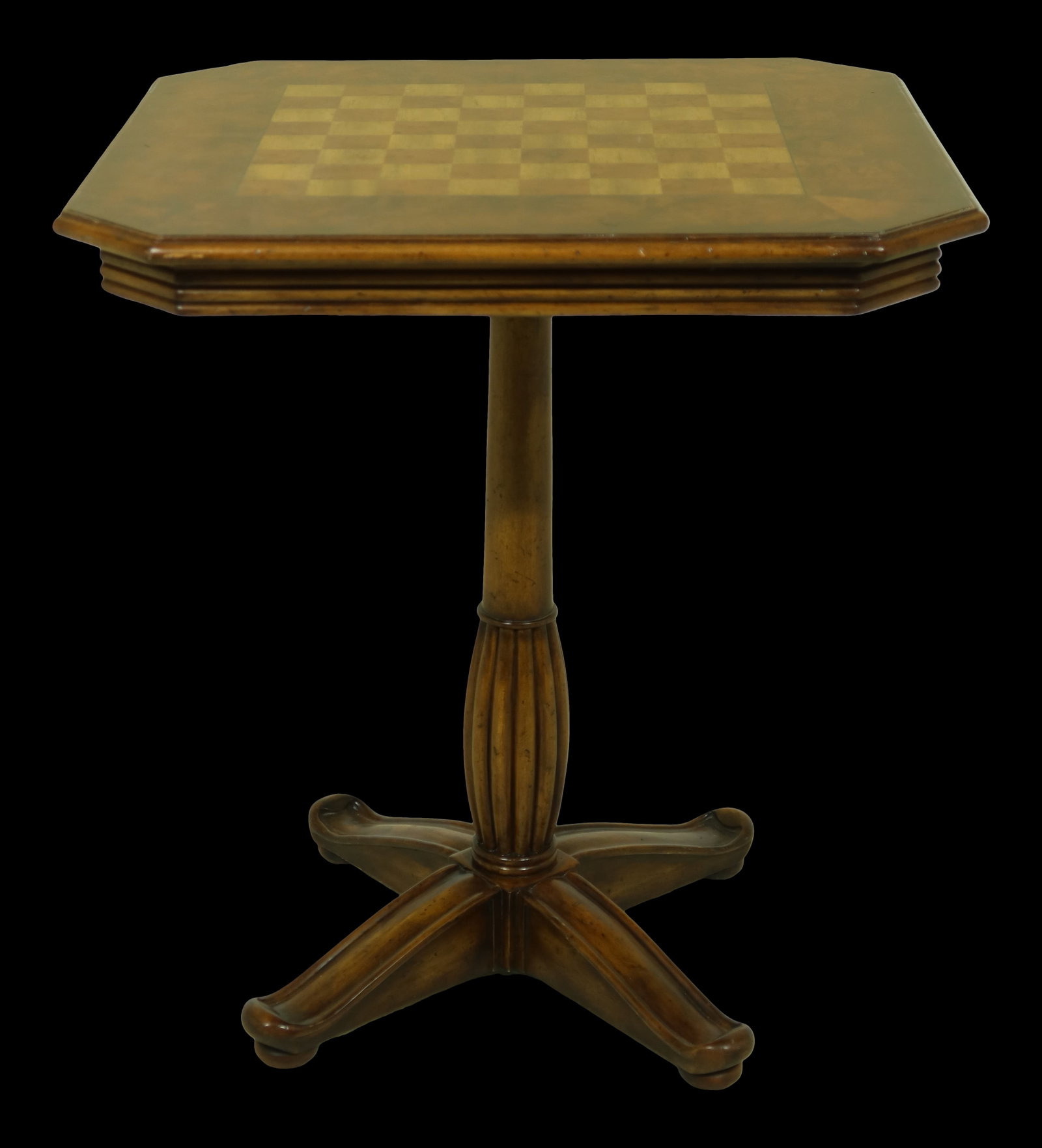 Inlaid Top Checkerboard Games Table: Inlaid Top Checkerboard Games Table This exquisite octagonal game table features a beautifully inlaid checkerboard top, crafted from quality burl walnut. With a pedestal base, this piece not only serv