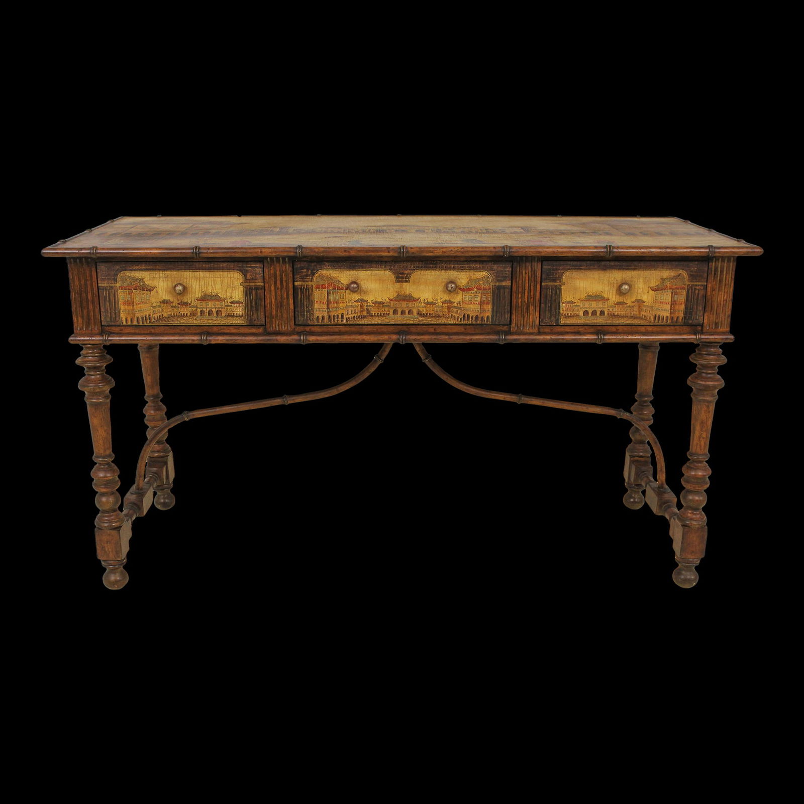 Large Impressive Chinoiserie Sideboard with Crackle Texture Finish: Large Impressive Chinoiserie Sideboard with Crackle Texture Finish This monumental Chinoiserie decorated console sideboard is a stunning addition to any space. Crafted from wood, it features a large a