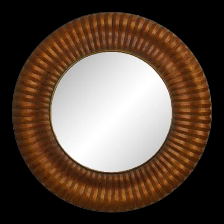 Round Gold Modern Design Mirror: Round Gold Modern Design Mirror This elegant round mirror features a modern design with a gold finish, making it a perfect decorative piece for any room. Approximately 20 years old, it is in excellent