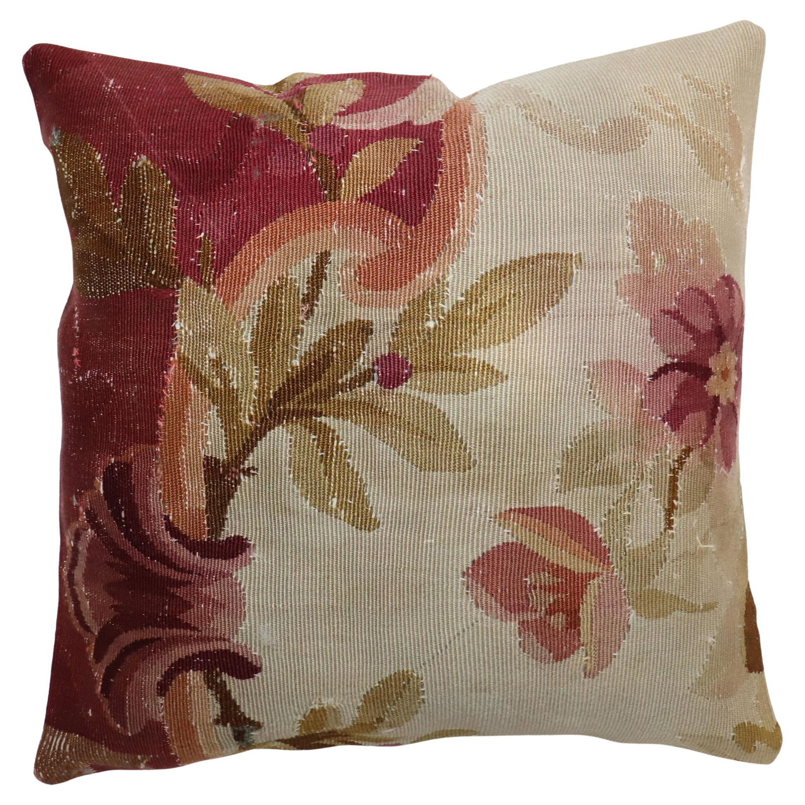 Zabihi Collection Red 19th Century Antique French Aubusson Pillow: Zabihi Collection Red 19th Century Antique French Aubusson Pillow Dimensions: Width: 16 in (40.64 cm), Length: 16 in (40.64 cm) Style: Aubusson Materials and Techniques: Cotton, Foam, Wool Place of Or