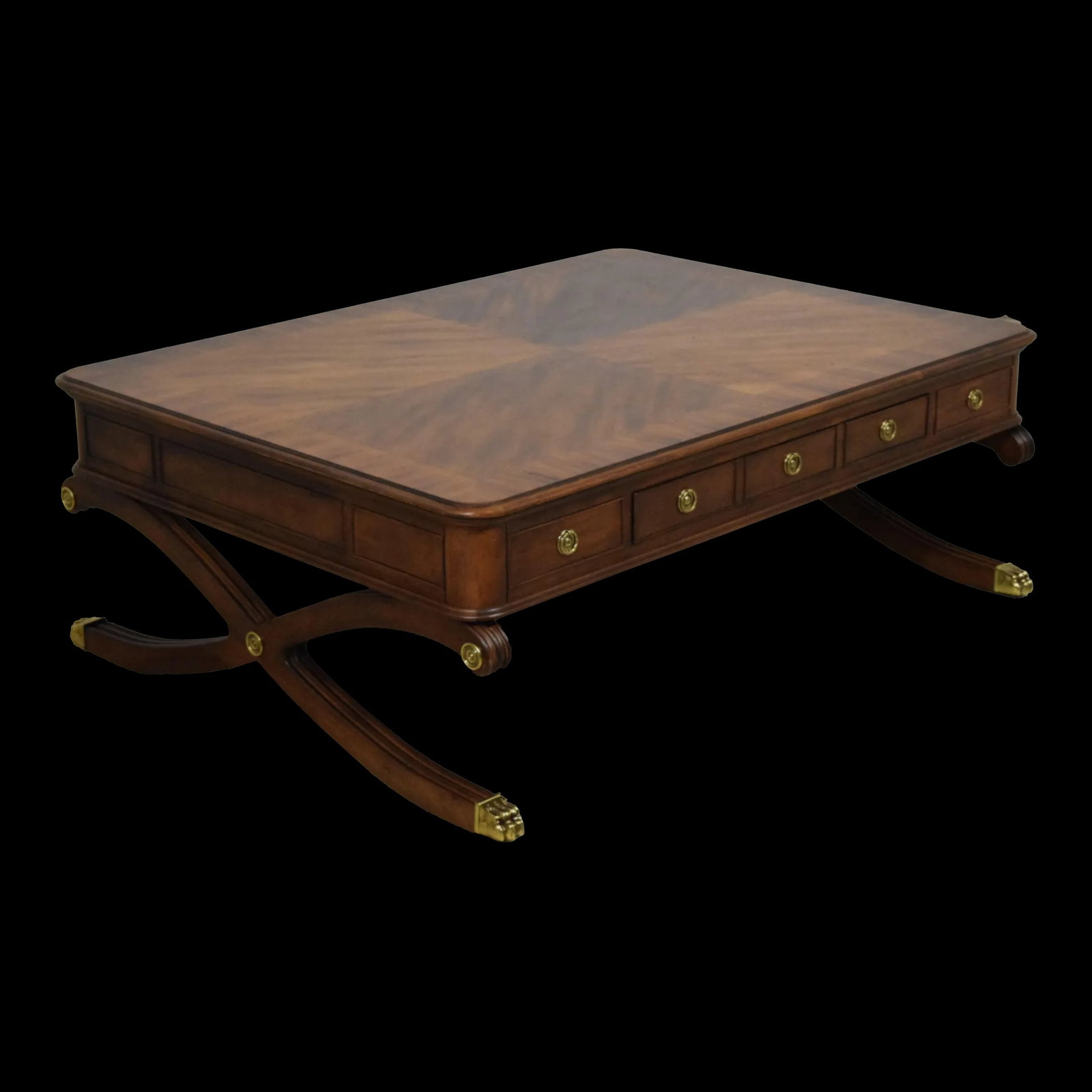 Regency Style Mahogany Coffee Table 57x42 Brass Feet: Regency Style Mahogany Coffee Table 57x42 Brass Feet This impressive Sherrill Regency Style coffee table showcases exquisite craftsmanship and a timeless design. Constructed from high-quality mahogany