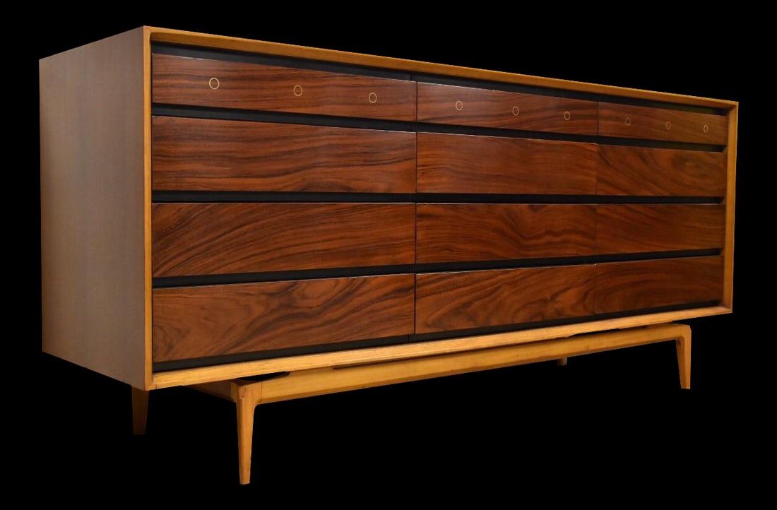 Rosewood Front Dresser with Brass Inlay: Rosewood Front Dresser with Brass Inlay Introducing a stunning twelve-drawer dresser designed by De Coene Freres, showcasing a beautiful rosewood front with exquisite circular brass inlays, all struct