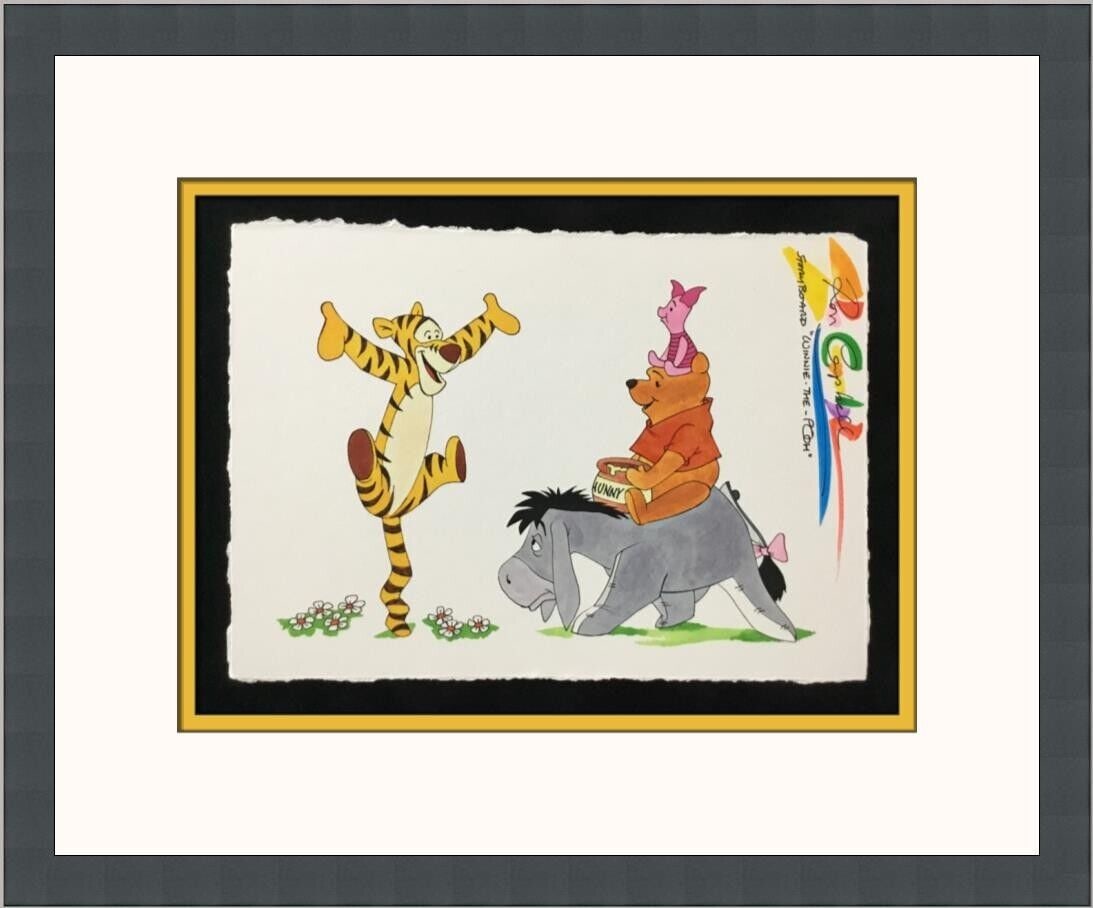 Winnie The Pooh Tigger Cartoon Signed Giclee Print Frame: Winnie The Pooh Tigger Cartoon Signed Giclee Print Frame This stunning giclee print features beloved characters Tigger, Piglet, and Winnie the Pooh riding on Eeyore, bringing a touch of nostalgia to a