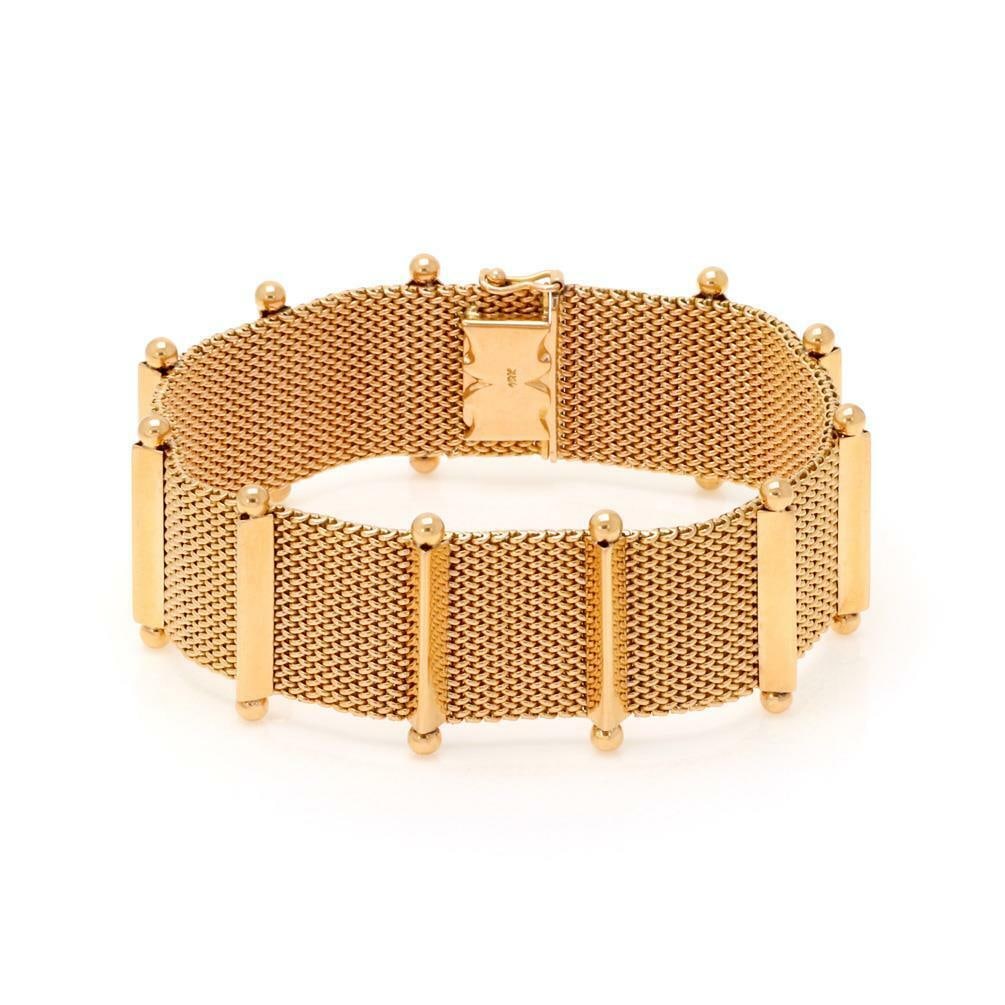 Mesh Flex Bracelet 18k Rose Gold 7.5": Mesh Flex Bracelet 18k Rose Gold 7.5" This exquisite mesh bracelet is crafted from 18k rose gold, showcasing a unique design with a width of 23.5 mm. The bracelet features 11 polished cross bars, each