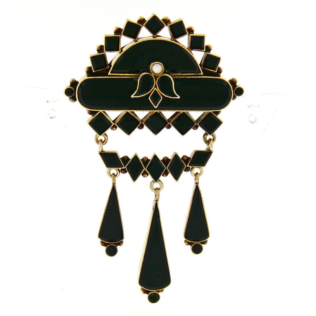 Antique Victorian 14K Gold Black Onyx Mourning Dangle Chandelier Brooch Pin: Antique Victorian 14K Gold Black Onyx Mourning Dangle Chandelier Brooch Pin This exquisite Antique Victorian brooch is crafted from solid 14K rose gold and features a stunning combination of custom cu