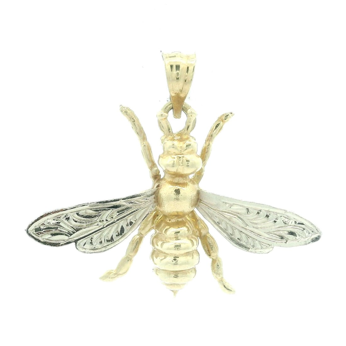 Solid 14k Yellow Gold & White Gold Detailed Fly Bee Charm Pendant: Solid 14k Yellow Gold & White Gold Detailed Fly Bee Charm Pendant This exquisite charm pendant showcases a beautifully detailed fly bee design, crafted from solid 14k yellow gold with white gold wings