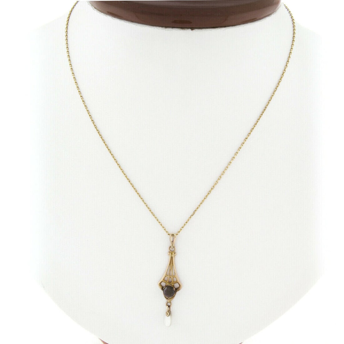 Antique Victorian 10k Gold Garnet Mother Of Pearl Dangle Lavalier Pendant On New 14k Chain: Antique Victorian 10k Gold Garnet Mother Of Pearl Dangle Lavalier Pendant On New 14k Chain This exquisite antique Victorian lavalier pendant is crafted from solid 10k yellow gold and features a stunni