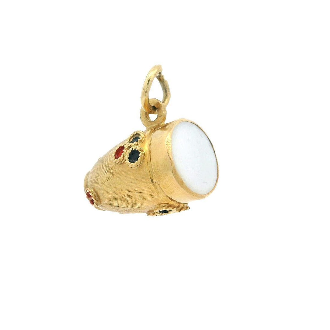 Vintage 18K Yellow Gold & Mother of Pearl 3D Conga Drum Charm Pendant: Vintage 18K Yellow Gold & Mother of Pearl 3D Conga Drum Charm Pendant This exquisite Vintage Corletto charm pendant features a 3D conga drum design crafted from 18K solid yellow gold, accented with ge