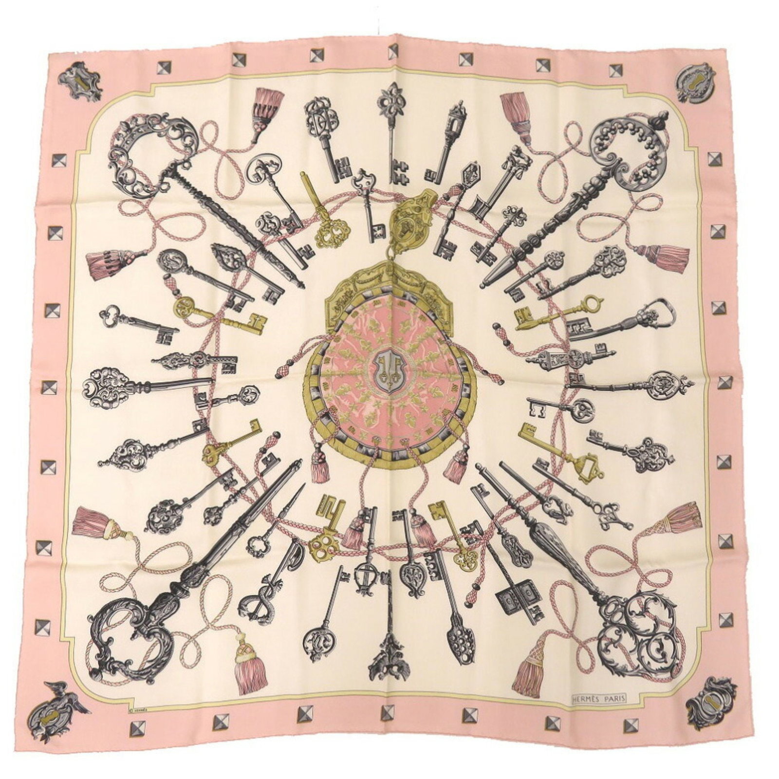 Hermes Carre 90 LES CLES Pink Multicolor Silk Scarf 90cm: Hermes Carre 90 LES CLES Pink Multicolor Silk Scarf 90cm Elevate your accessory collection with this exquisite Hermes Carre 90 scarf featuring the enchanting 'LES CLES' key pattern. Crafted from luxur
