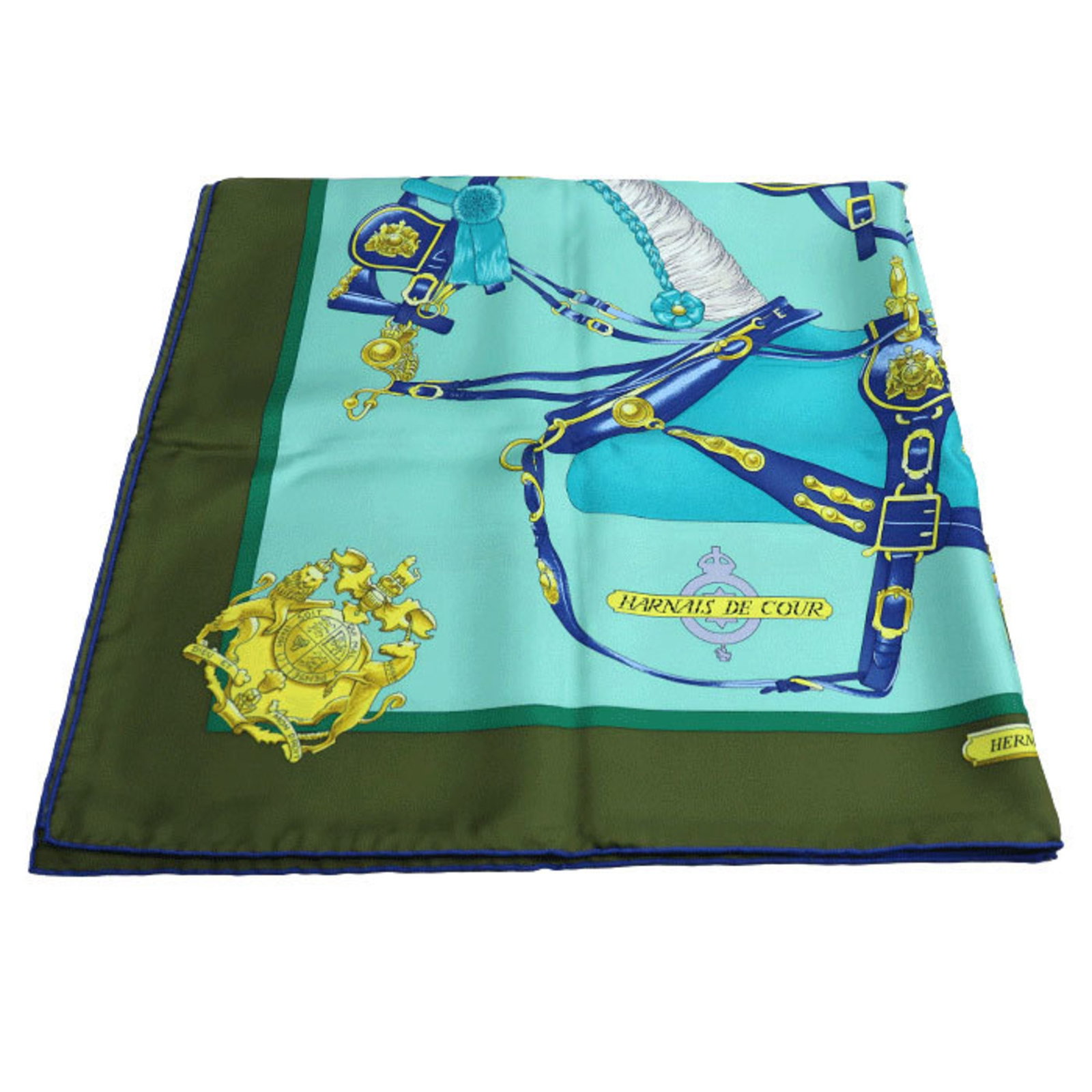 Hermes Carre 90 HARNAIS DE COUR Silk Scarf 90cm Green Multi-color Women's: Hermes Carre 90 HARNAIS DE COUR Silk Scarf 90cm Green Multi-color Women's This exquisite Hermes Carre 90 HARNAIS DE COUR scarf is a stunning addition to any woman's accessory collection. Crafted from 