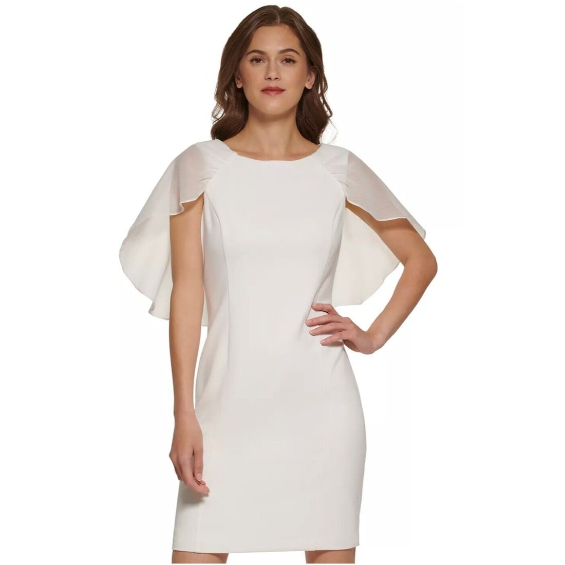 DKNY Women's Ivory Capelet Short Dress Size 14 Formal Cocktail: DKNY Women's Ivory Capelet Short Dress Size 14 Formal Cocktail Elevate your style for formal occasions with this stunning DKNY Women's Solid Capelet Crewneck Short Dress in Ivory, size 14. This elegan