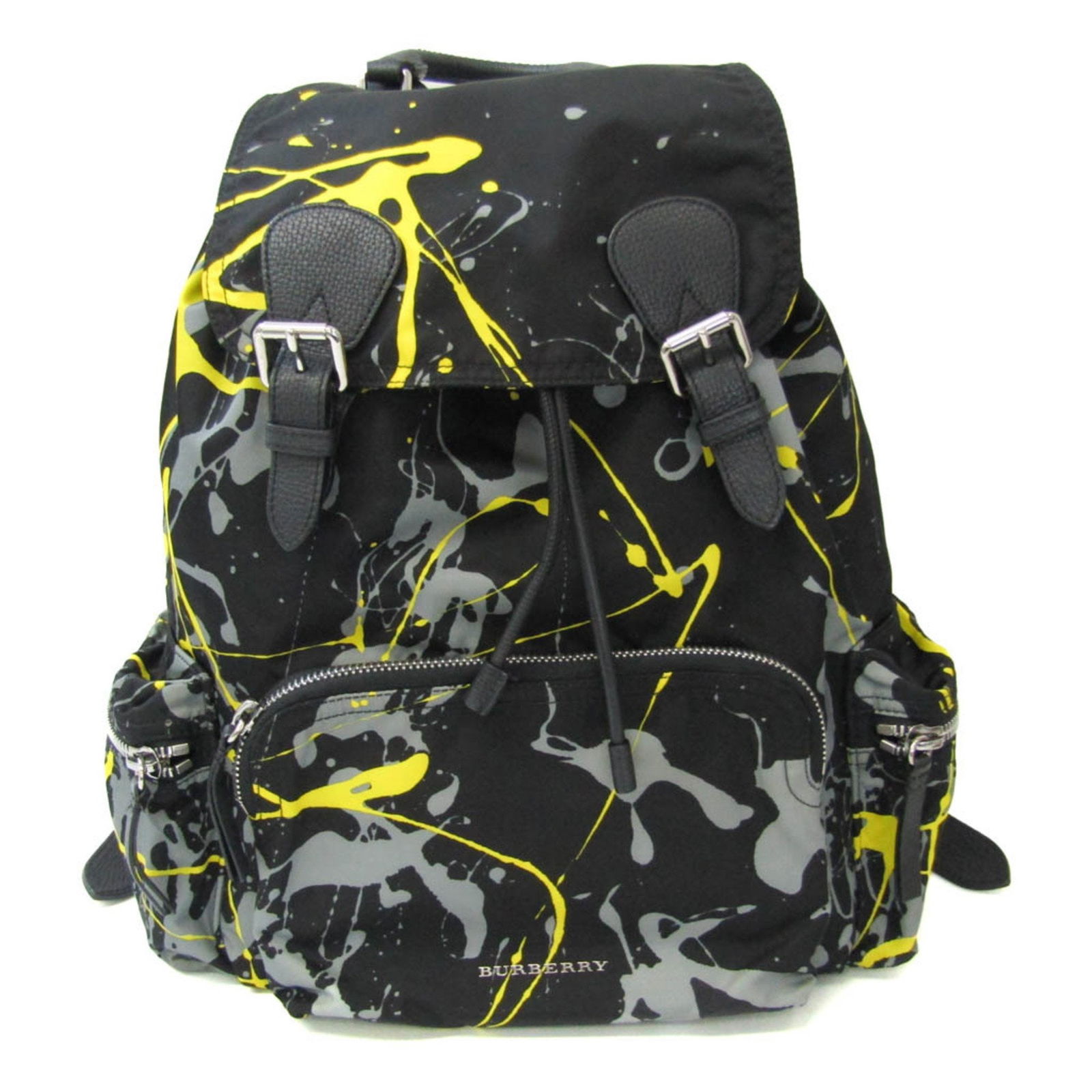 Burberry Splash Print Backpack 4064928 Leather Nylon Black Gray Yellow: Burberry Splash Print Backpack 4064928 Leather Nylon Black Gray Yellow Introducing the Burberry Splash Print Patterned Backpack, a stylish and versatile accessory suitable for both men and women. This