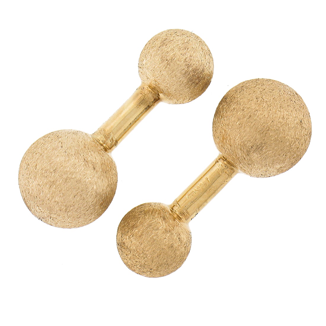 Tiffany & Co. 14k Yellow Gold Matte Finish Ball Barbell Cufflinks: Tiffany & Co. 14k Yellow Gold Matte Finish Ball Barbell Cufflinks Elevate your formal attire with these exquisite Tiffany & Co. cufflinks, crafted from solid 14k yellow gold. Featuring a unique matte 