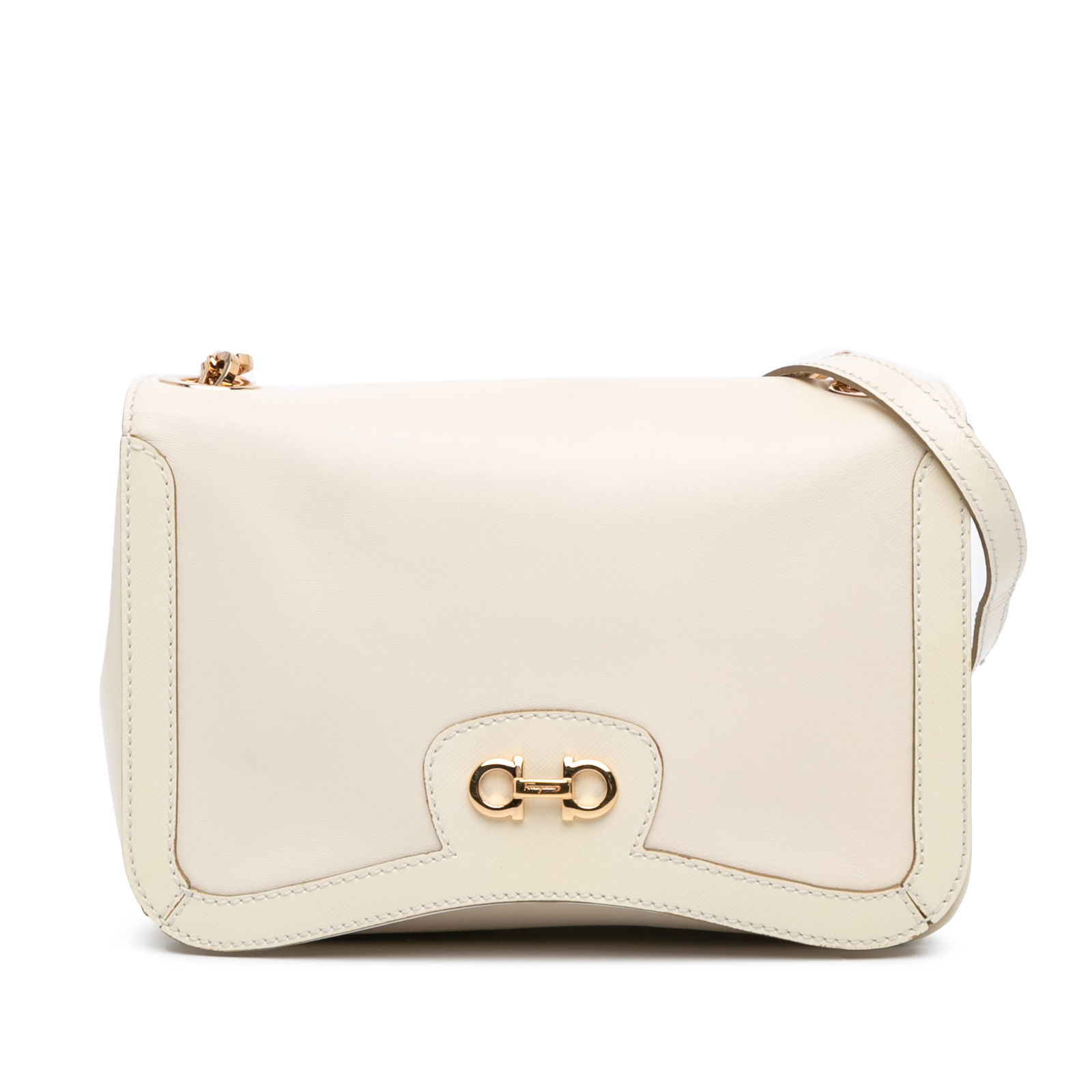 Ferragamo White Leather Double Gancini Shoulder Bag 16 x 22 x 6 cm: Ferragamo White Leather Double Gancini Shoulder Bag 16 x 22 x 6 cm Elevate your style with the Ferragamo Leather Double Gancini Shoulder Bag, crafted in Italy from premium leather. This chic shoulder
