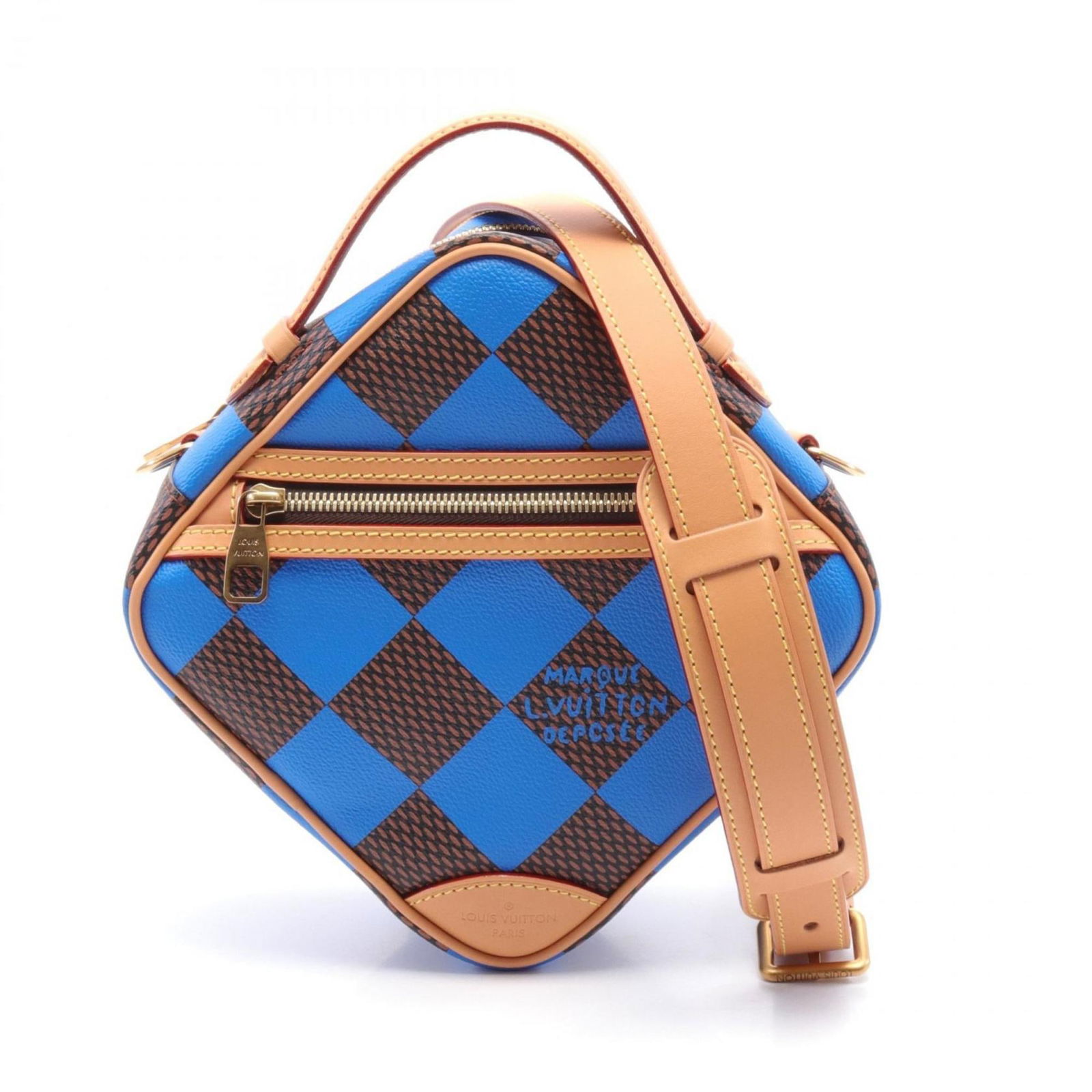 Louis Vuitton Chess Handbag Coated Canvas Leather Blue Brown 23cm: Louis Vuitton Chess Handbag Coated Canvas Leather Blue Brown 23cm This Louis Vuitton Chess Handbag is a stylish accessory for both men and women, expertly crafted from durable coated canvas and leathe