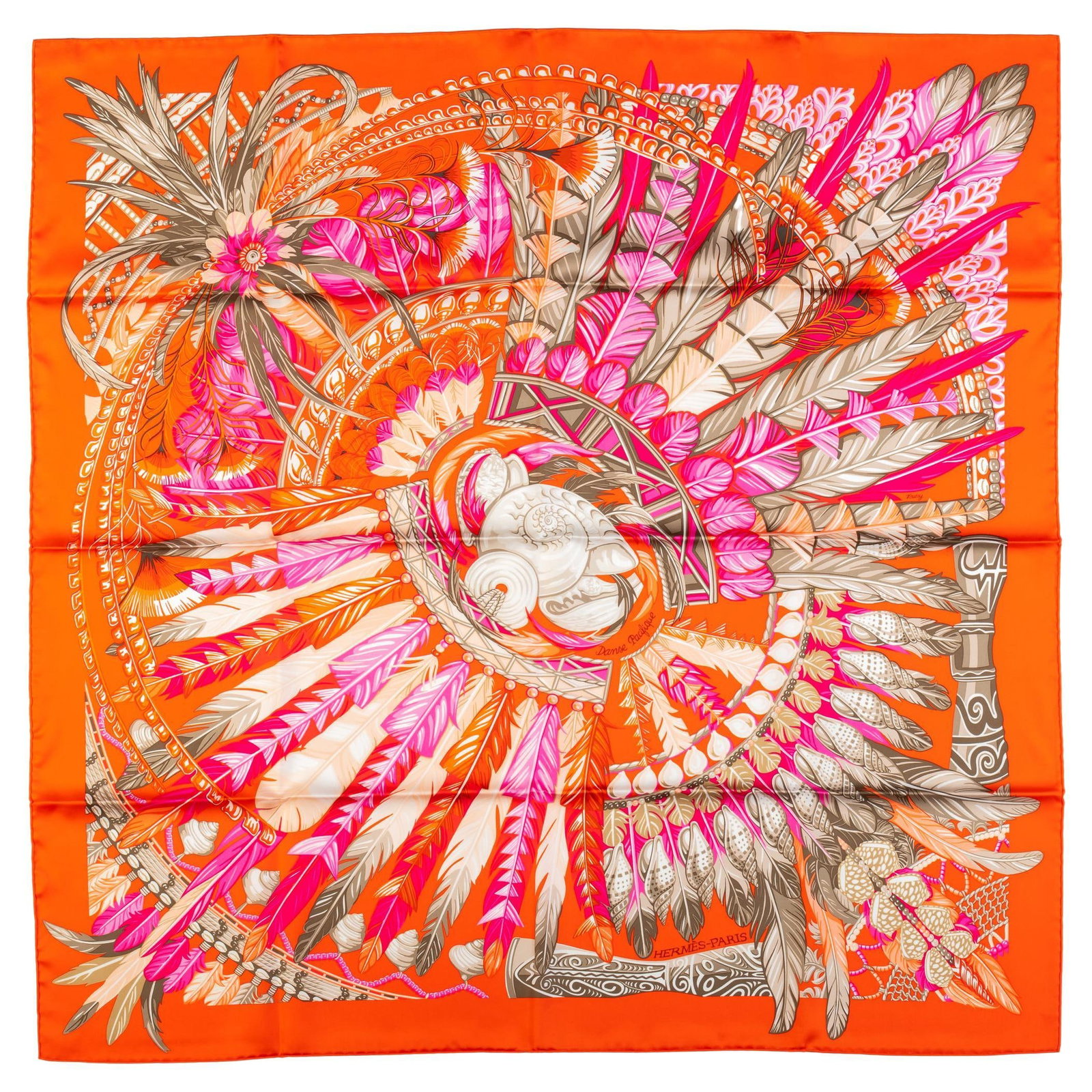 Hermes Danse Pacifique Orange Silk Scarf 35 in Hand Rolled Edges: Hermes Danse Pacifique Orange Silk Scarf 35 in Hand Rolled Edges Elevate your accessory collection with this stunning Hermes Danse Pacifique Silk Scarf. Crafted in France, this exquisite scarf feature
