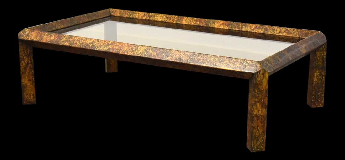 Phyllis Morris Mid Century Modern Faux Copper Coffee Table 60 x 36.5 x 17.5: Phyllis Morris Mid Century Modern Faux Copper Coffee Table 60 x 36.5 x 17.5 A mid century modern faux copper parsons style coffee table with a smoked glass insert top by Phyllis Morris 60" wide. 36.5"