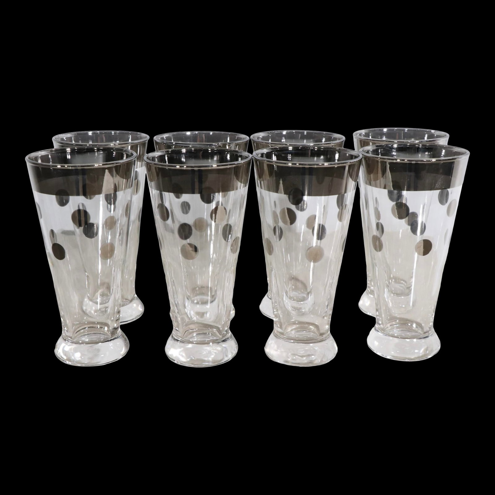 Dorothy Thorpe 8 Vintage Dot Pattern Glasses Set Silver Rim 6": Dorothy Thorpe 8 Vintage Dot Pattern Glasses Set Silver Rim 6" Elevate your vintage barware collection with this classic set of eight drinking glasses, attributed to the renowned designer Dorothy Thor