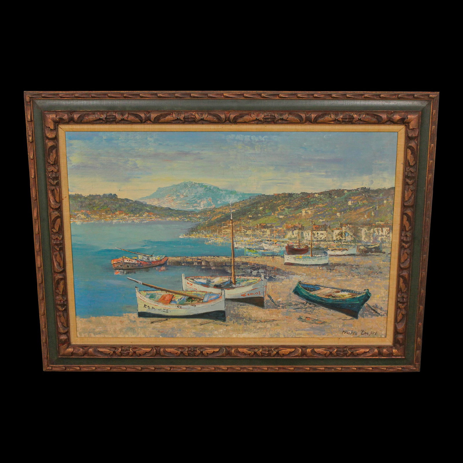 Marcel Dupre Signed Oil Painting Boats in Carved Wood Frame 44 x 32: Marcel Dupre Signed Oil Painting Boats in Carved Wood Frame 44 x 32 This exquisite oil painting on canvas, signed by the renowned artist Marcel Dupre (1886-1971), showcases a beautifully rendered mari