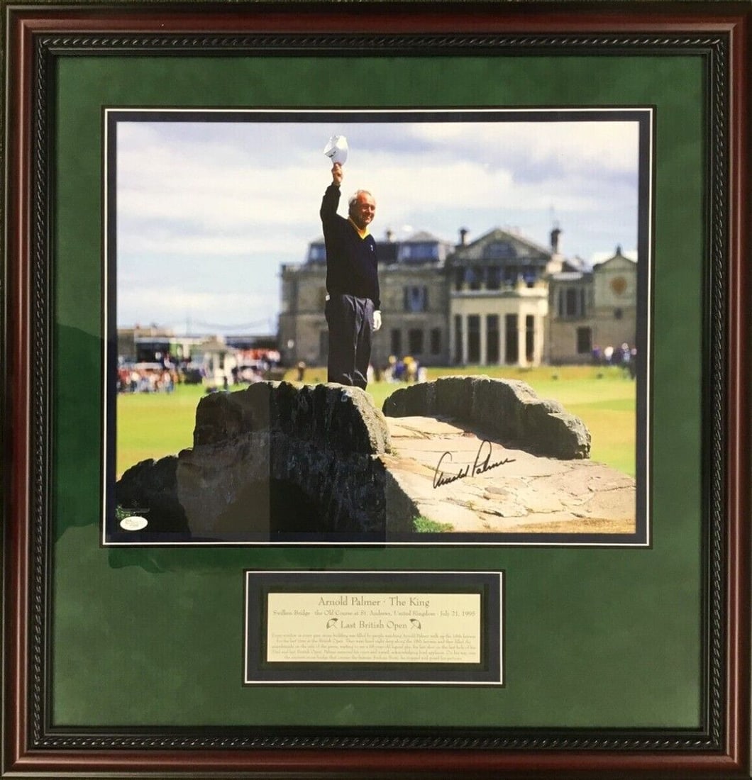 Arnold Palmer Signed 16x20 Golf Photo Custom Framed 28x28 JSA COA: Arnold Palmer Signed 16x20 Golf Photo Custom Framed 28x28 JSA COA Capture a piece of golf history with this stunning 16x20 sports photo of Arnold Palmer, signed by the legendary player himself. This o
