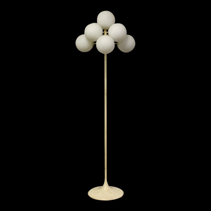 1970s Max Bill White Glass Globe Floor Lamp 62" Tall: 1970s Max Bill White Glass Globe Floor Lamp 62" Tall This stunning mid-century modern floor lamp, designed by Max Bill in the 1970s, features a sleek white design complemented by nine elegant white gl