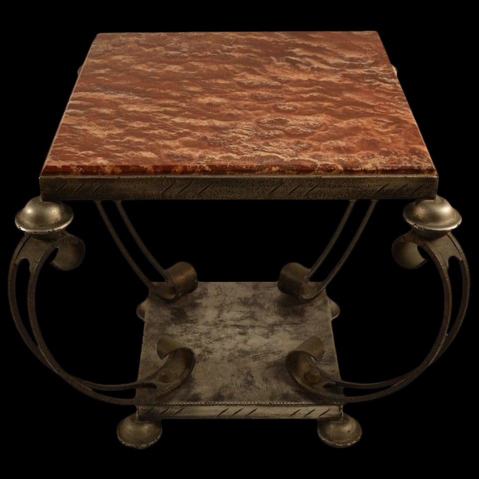 French Art Deco Marble Top Table by John Ford 26 x 26 x 24 in: French Art Deco Marble Top Table by John Ford 26 x 26 x 24 in This French Art Deco table features a thick bevelled marble top and a sturdy steel and iron base, combining both style and durability. Its