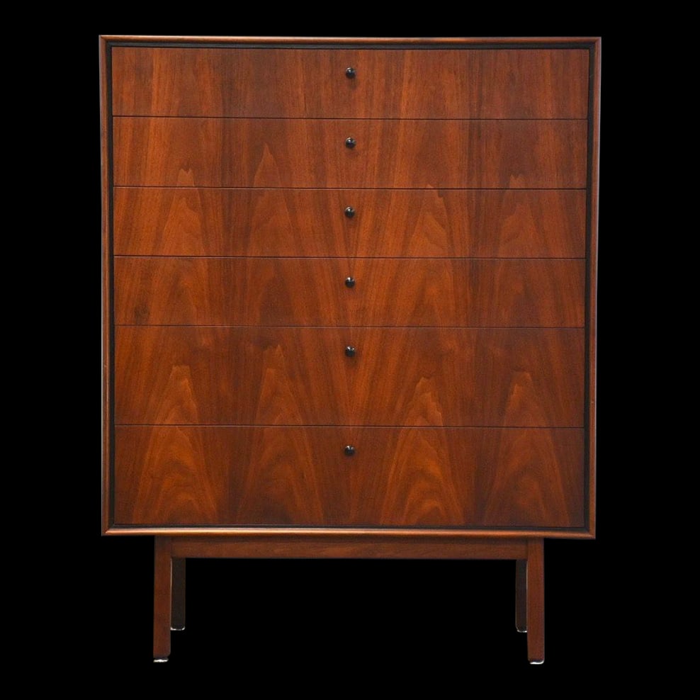 Jack Cartwright Mid-Century Walnut Dresser 36x18x45.5 Black Accents: Jack Cartwright Mid-Century Walnut Dresser 36x18x45.5 Black Accents This mid-century modern walnut dresser, designed by Jack Cartwright for Founders, features elegant black accents that enhance its cl