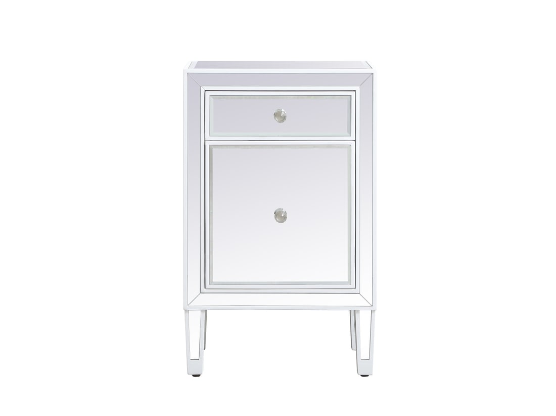 Elegant 18 Inch White Mirrored End Table with Drawer and Shelf: Elegant 18 Inch White Mirrored End Table with Drawer and Shelf Enhance your living space with this elegant 18-inch mirrored end table in a sophisticated white finish. This versatile piece features a h