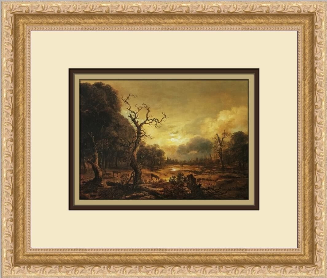 Aert Van Der Neer Moonlight Landscape Framed Print 11 x 13: Aert Van Der Neer Moonlight Landscape Framed Print 11 x 13 This exquisite custom framed print features the artwork "Moonlight Landscape with Deer" by Aert Van Der Neer, showcasing a serene realism sty
