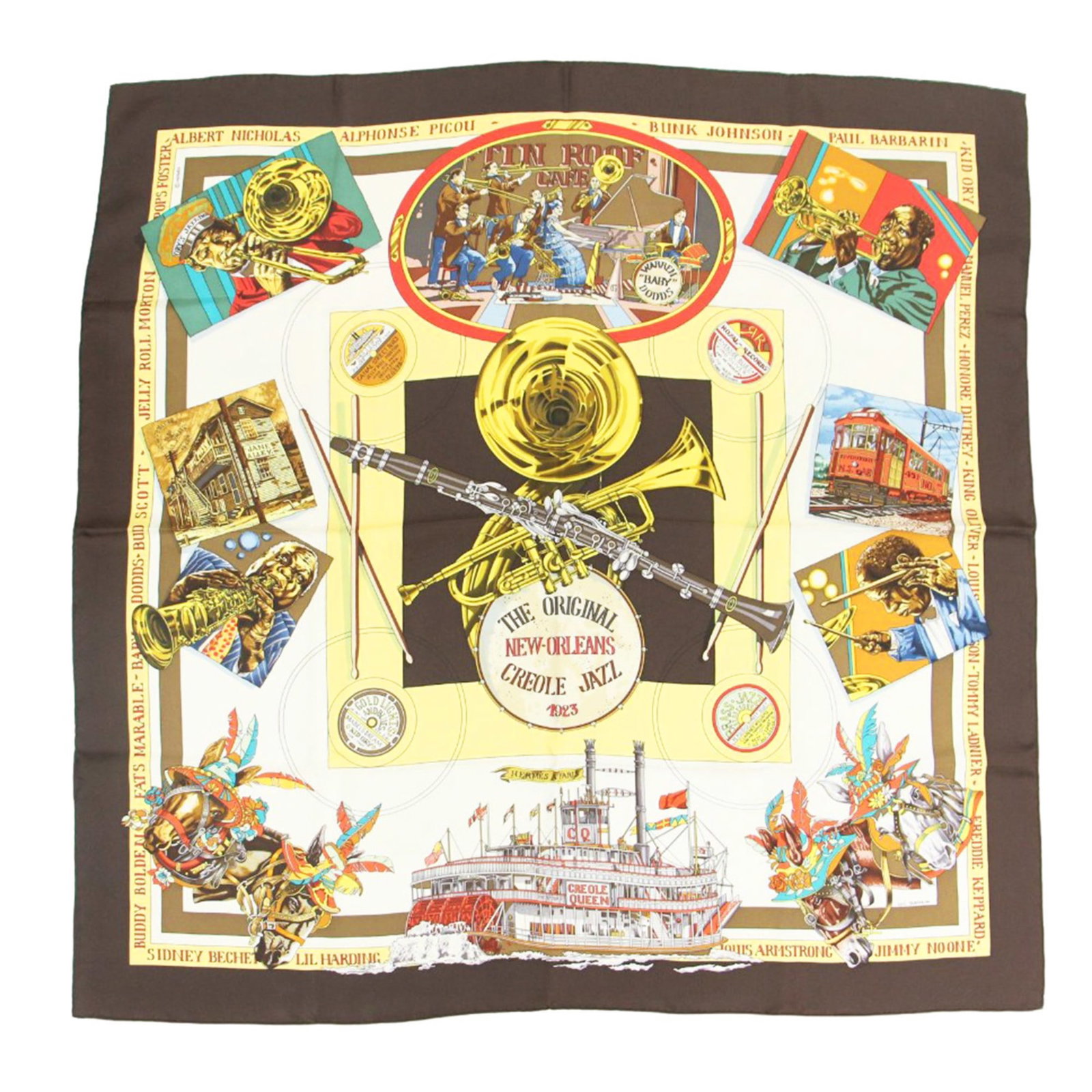 Hermes Carre 90 Silk Scarf Muffler New Orleans Creole Jazz 1923 88cm x 89.5cm: Hermes Carre 90 Silk Scarf Muffler New Orleans Creole Jazz 1923 88cm x 89.5cm Elevate your style with this exquisite Hermes Carre 90 Silk Scarf Muffler featuring the vibrant design of 'The Original Ne