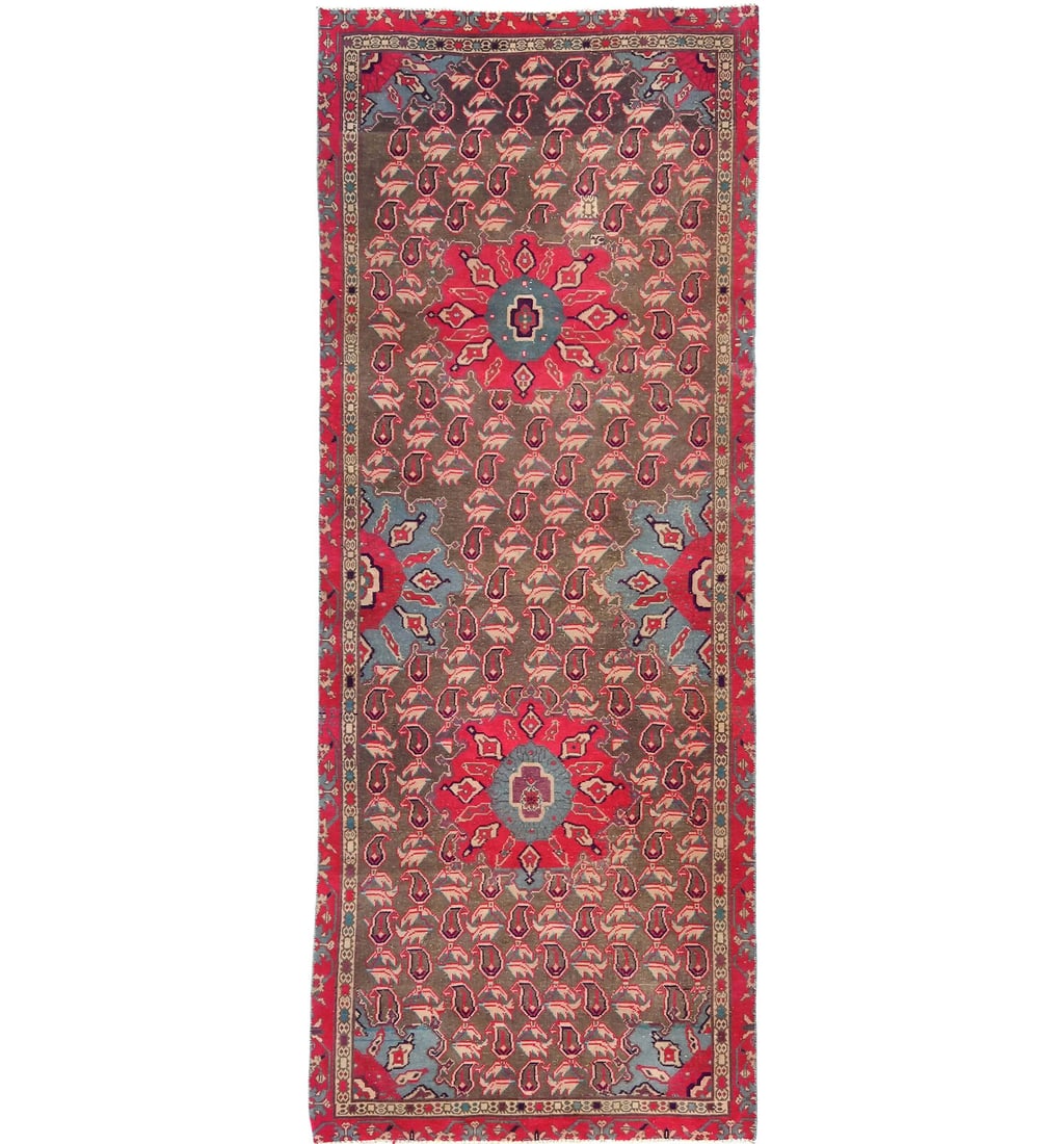 Vintage 3'5 x 9' Handmade Floral Tribal Oriental Runner Rug Wool: Vintage 3'5 x 9' Handmade Floral Tribal Oriental Runner Rug Wool Elevate your space with this exquisite 3'5" x 9' Semi-Antique Oriental Runner Rug, showcasing a stunning floral tribal design. Handcraf